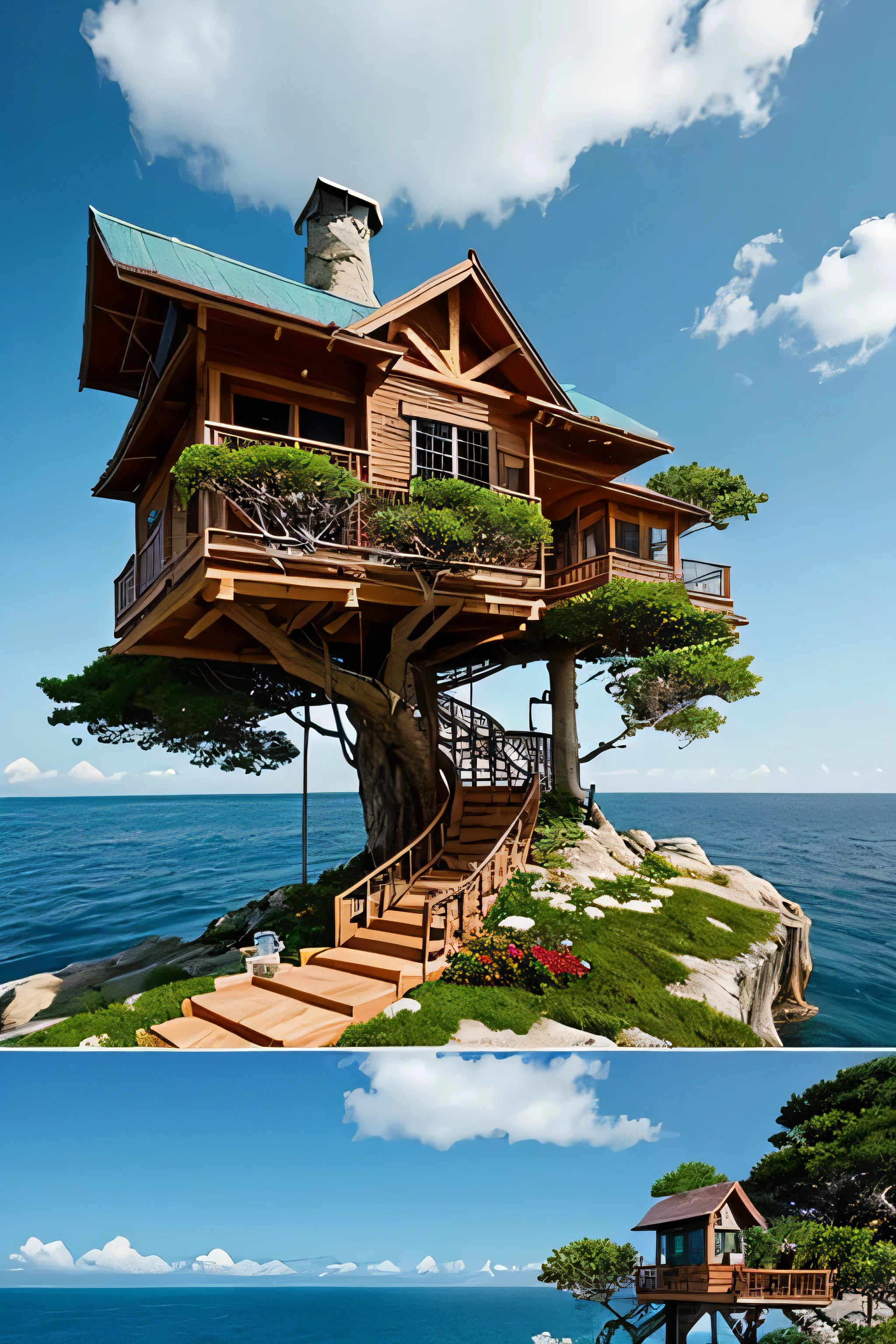 Perfection The Coolest tree house on a large rock in the middle of the sea with flowers in front of the house and trees on both sides of the house
