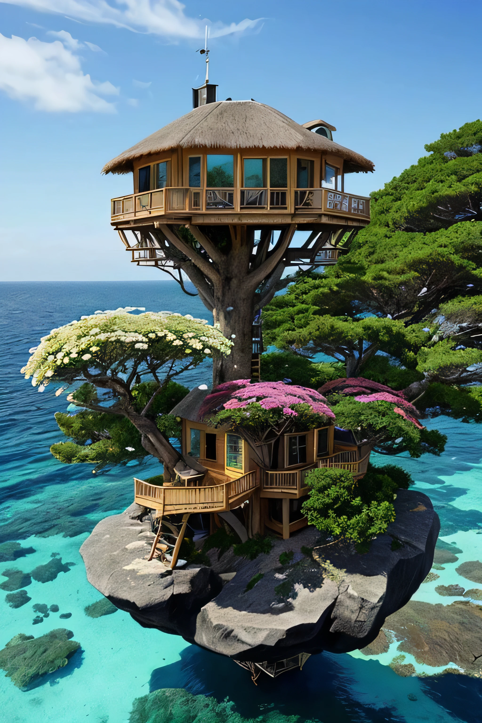 Perfection The Coolest tree house on a large rock in the middle of the sea with flowers in front of the house and trees on both sides of the house
