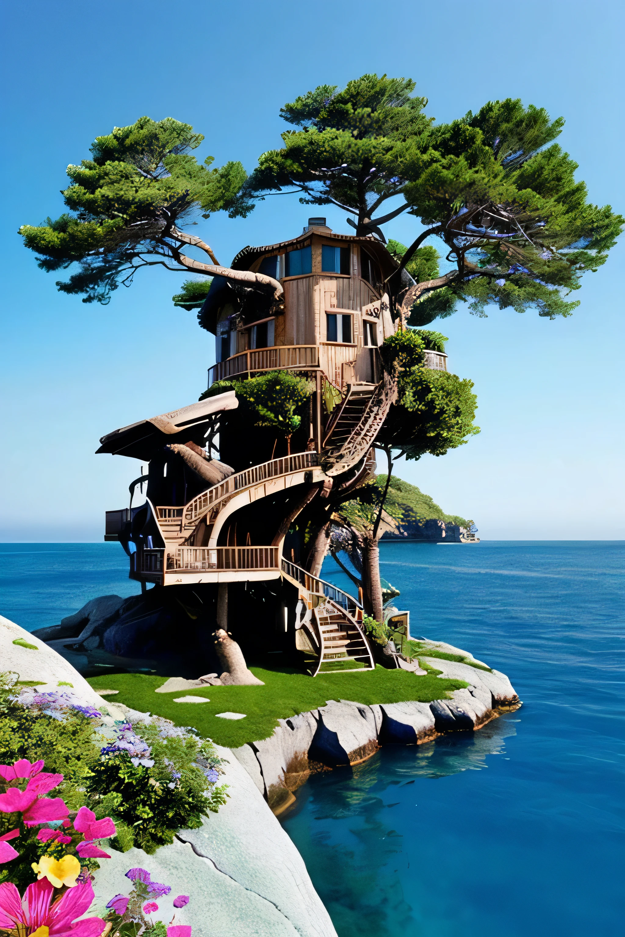 Perfection The Coolest tree house on a large rock in the middle of the sea with flowers in front of the house and trees on both sides of the house
