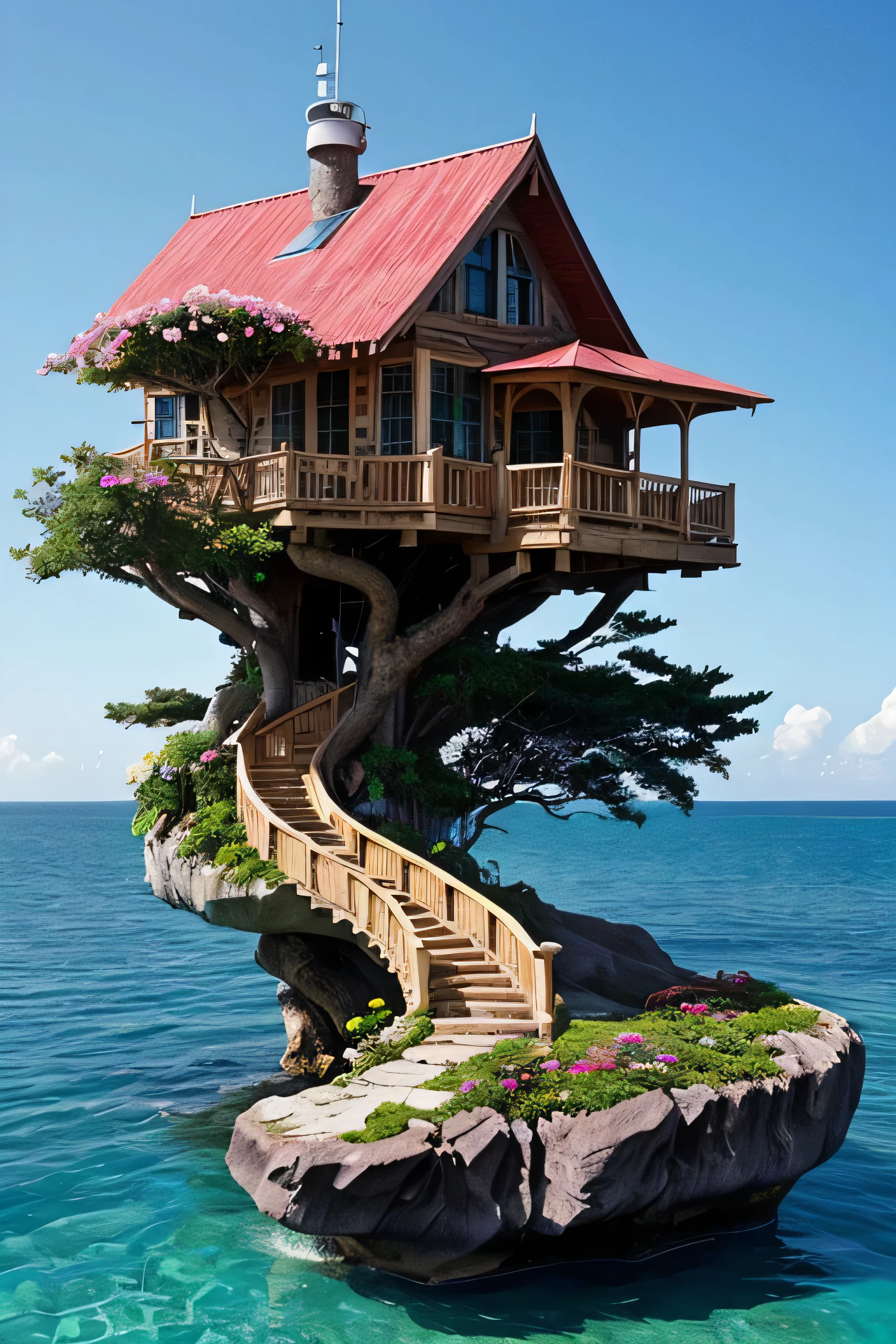 Perfection The Coolest tree house on a large rock in the middle of the sea with flowers in front of the house and trees on both sides of the house
