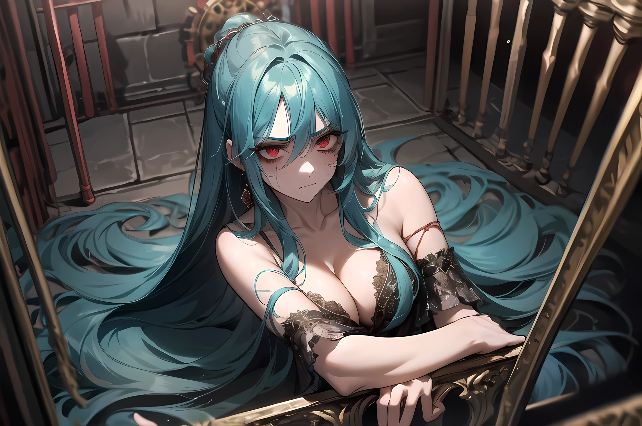 1 girl, tosca hair, long hair, red eyes, long dress, jewelry, dancer, dungeon, behind bars, dark, hard lighting, from above, angry, fear, scared, laying down, on side, bruises, hurt, detailed eyes, extremely detailed eyes, detailed face, cleavage,