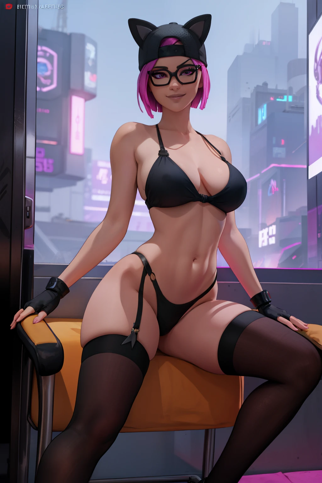 (masterpiece), (best quality),chair, (solo), looking the viewer, cyberpunk, high detailed,extremely detailed,shorts with black stockings,pink bikini, fine eyes, smile,dynamic pose, short pink hair,cap,fingerless glove,glasses.