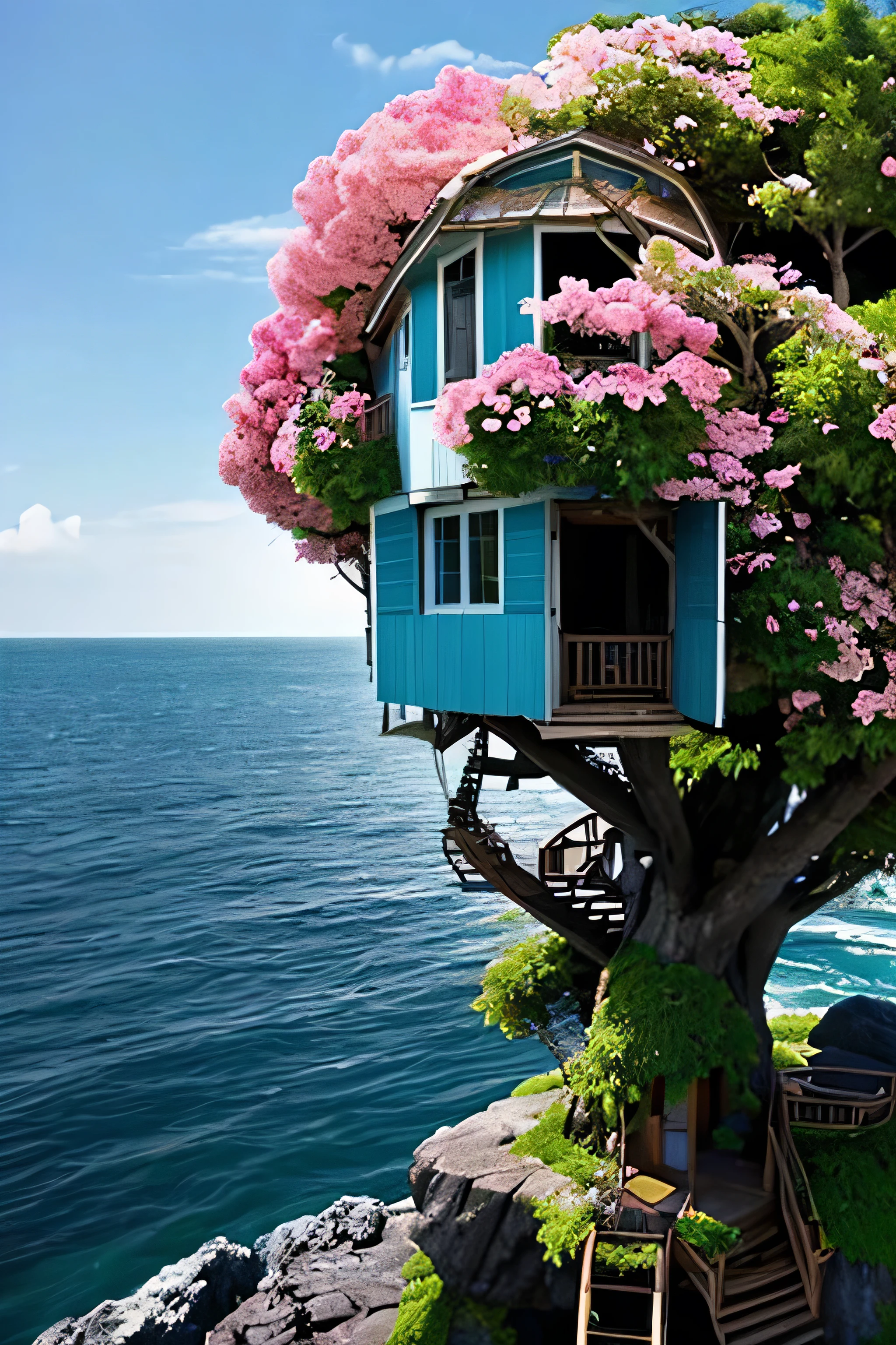 Perfection The Coolest tree house on a large rock in the middle of the sea with flowers in front of the house and trees on both sides of the house
