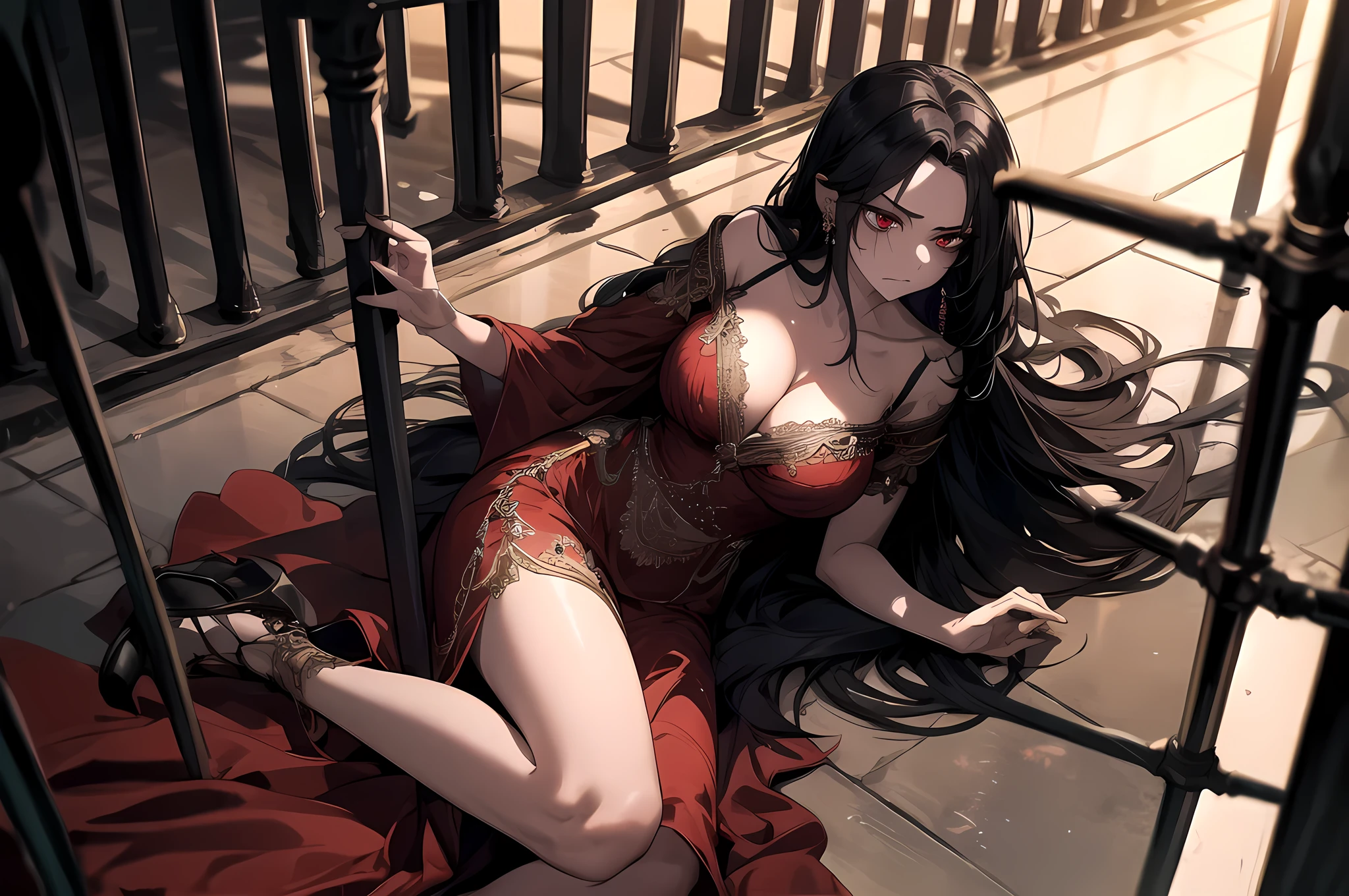 1 girl, tosca hair, long hair, red eyes, long dress, jewelry, dancer, dungeon, behind bars, dark, hard lighting, from above, angry, fear, scared, laying down, on side, bruises, hurt, detailed eyes, extremely detailed eyes, detailed face, cleavage,