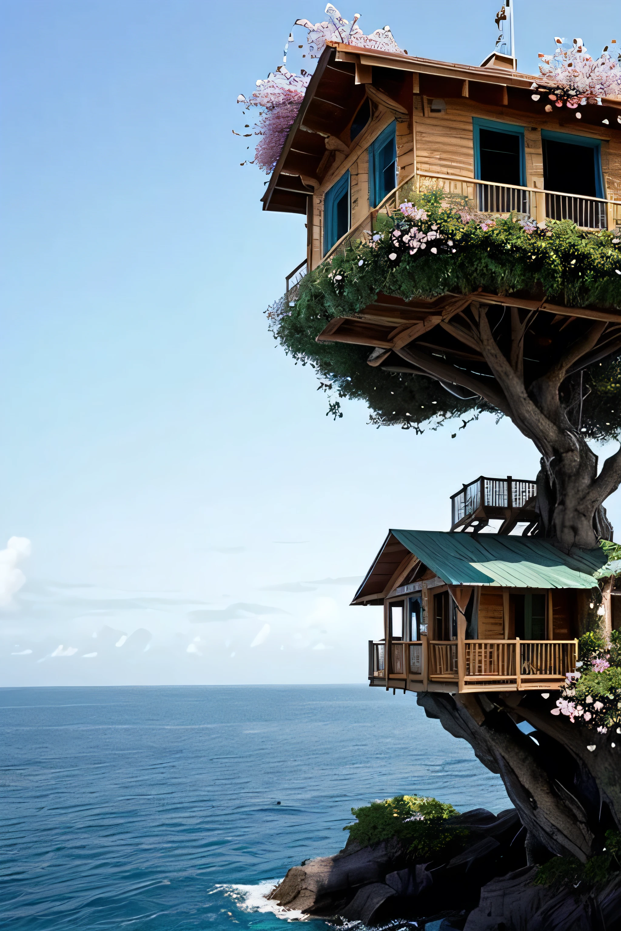 Perfection The Coolest tree house on a large rock in the middle of the sea with flowers in front of the house and trees on both sides of the house
