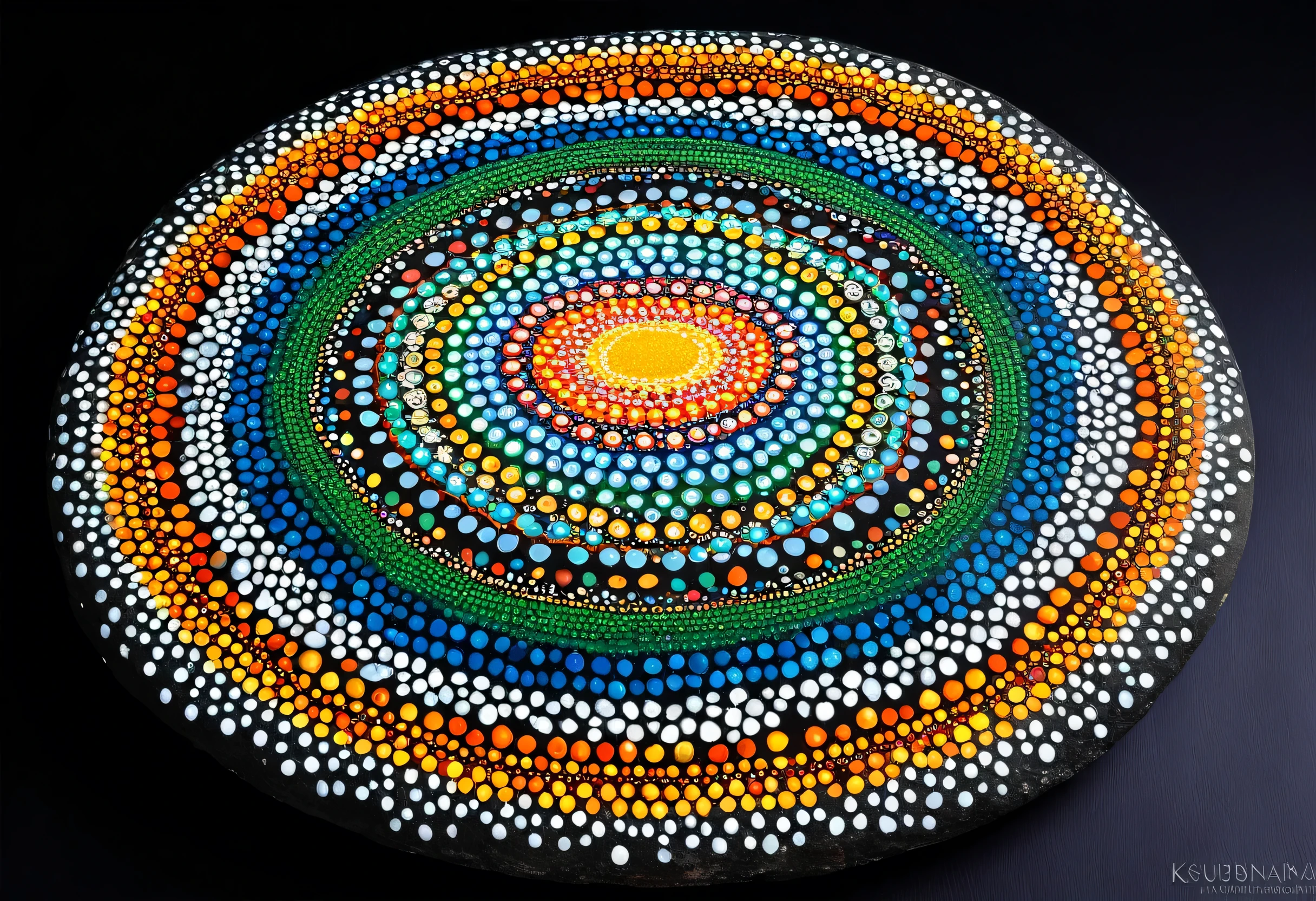 Close-up of a group of rocks painted on a black surface, Mandala Art, A complex and colorful masterpiece, A colorful and exquisite masterpiece, Stone Art, Pixel art, Beautifully drawn, Highly detailed fantasy art, Mandala, inspired by Yahoo Kusama, Very complex and colorful, Painted marble sculpture, acrylic art, Made of multicolored crystals, colorful mandala, Rock paintings