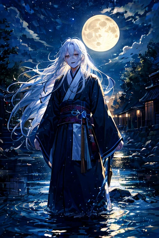 male性，male，White Hanfu，Long white hair，Long flowing hair，wide sleeve robe，Ancient Wind，Private Server，There is no pattern on the clothes，Laughing，Soft Lighting，Water-based ink，I can see the full moon behind me，Low Saturation，Low contrast，LED floodlight