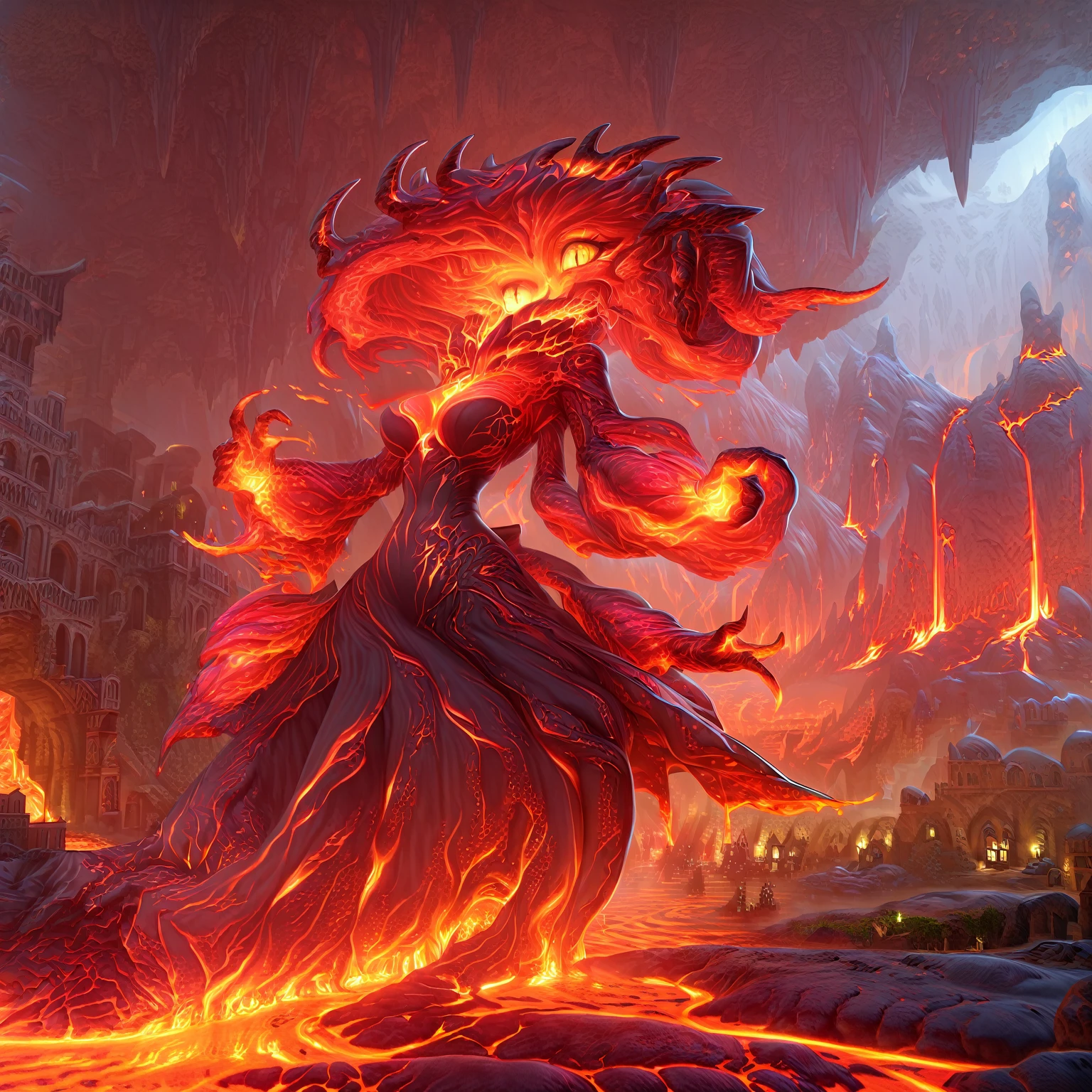 1woman\(evil,(cute:0.2),beautiful demon lady,age of 18,((very huge)),(giant),long lava hair,lava skin,lava bunny suit,lava pantyhose,eye color lava,big eyes,eyes shining,big devil's smile,sharp teeth,open mouth,(lava horn),lava wing,dynamic pose,breast,full body,floating,dress\),background\(dark underground lava cave,very shiny lava and lava lake everywhere,bedding plane,bulbous lava stalactite,pillar,chockstone,lava blister,lava coral,lava fall,lava rose,lava stalactite,lava tree,small houses\(Cappadocia\)\), BREAK ,quality\(8k,wallpaper extremely detailed acrylic, ​masterpiece,high resolution,top-quality,top-quality real texture skin,hyper realisitic,increase the resolution,RAW photos,best qualtiy,highly detailed,the wallpaper,cinematic lighting,ray trace,golden ratio,\),dynamic angle,[nsfw:2.0],full body,(from below),dress