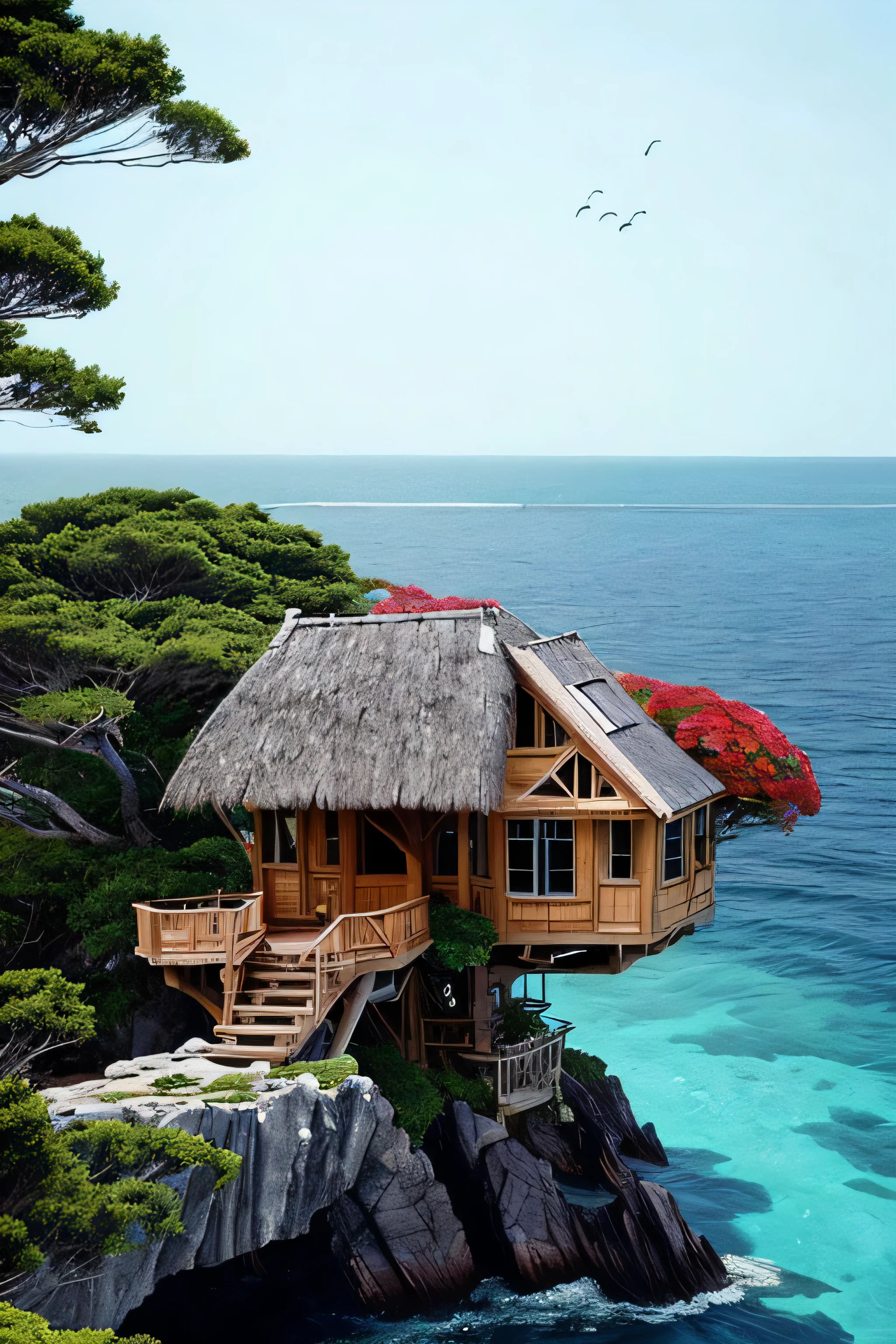 Perfection The Coolest tree house on a large rock in the middle of the sea with flowers in front of the house and trees on both sides of the house
