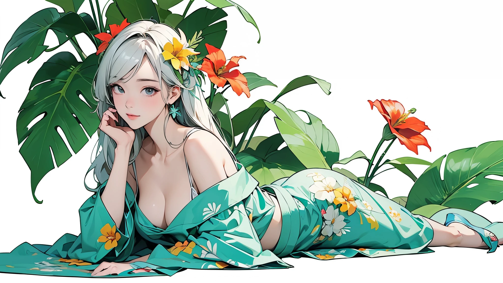 (highest quality、masterpiece、High resolution)、4K Anime Art、((Background Art))、(((Only tropical flowers and plants are drawn)))、(Blank Background)、((White Background))、