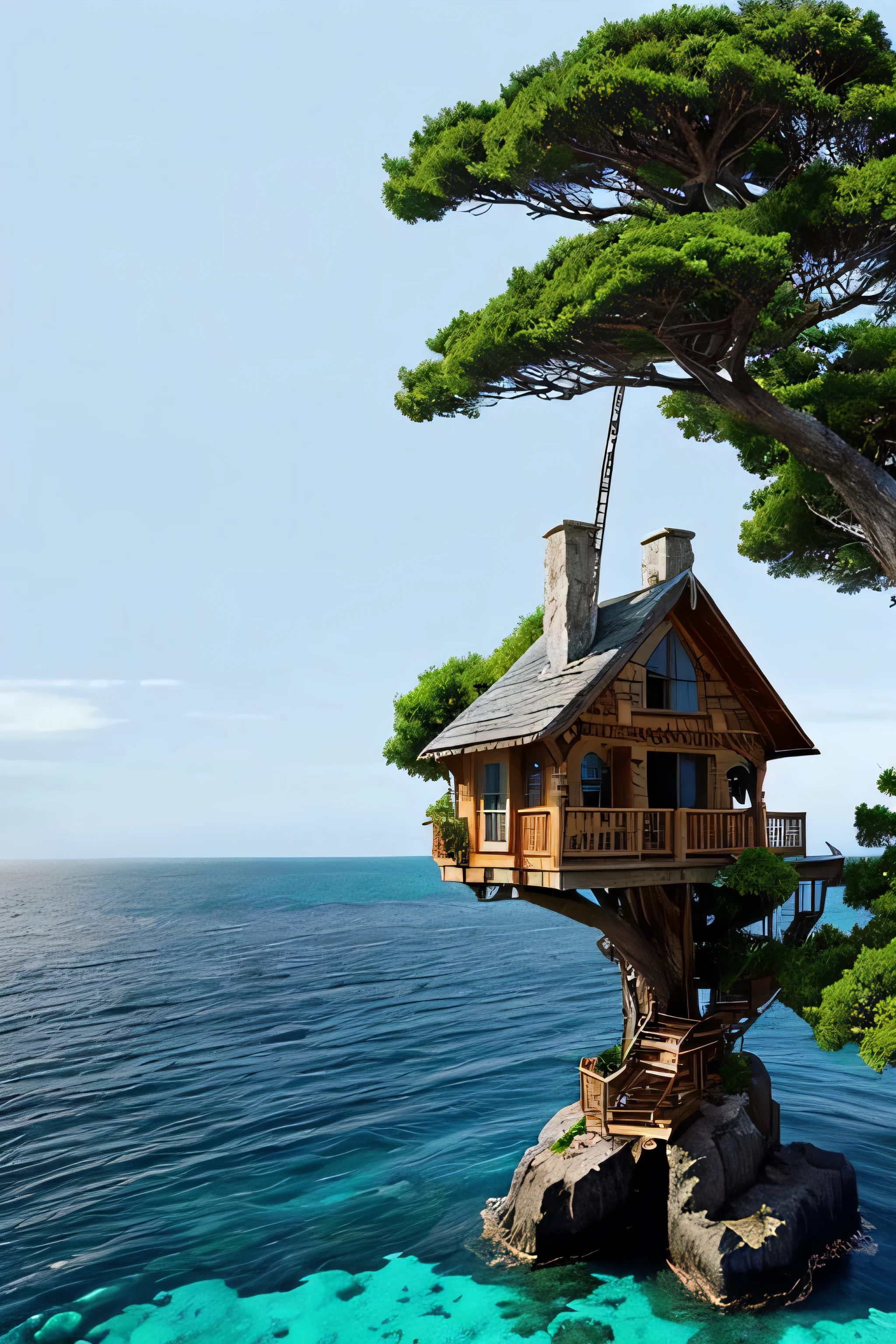 Perfection The Coolest tree house on a large rock in the middle of the sea with flowers in front of the house and trees on both sides of the house
