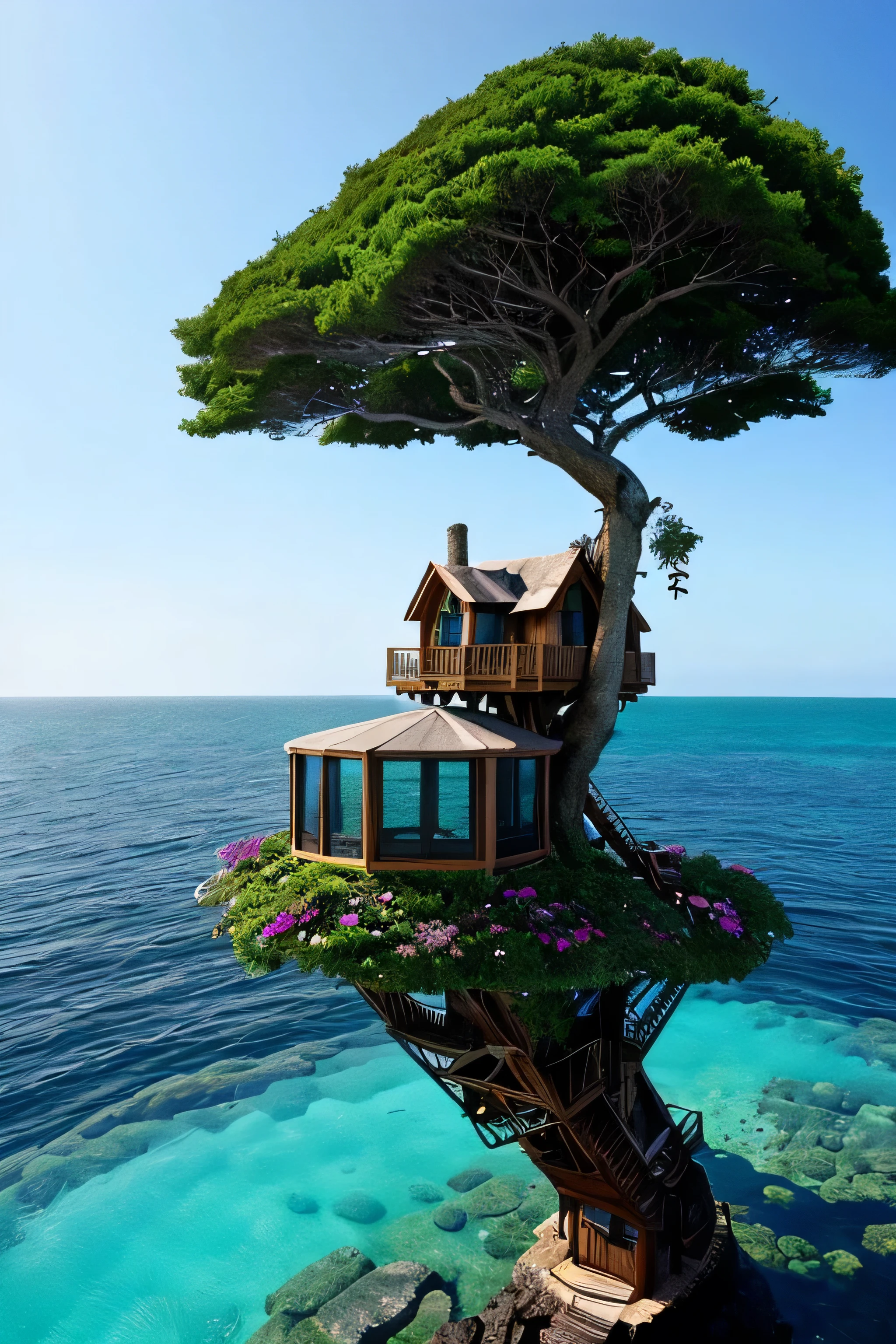 Perfection The Coolest tree house on a large rock in the middle of the sea with flowers in front of the house and trees on both sides of the house
