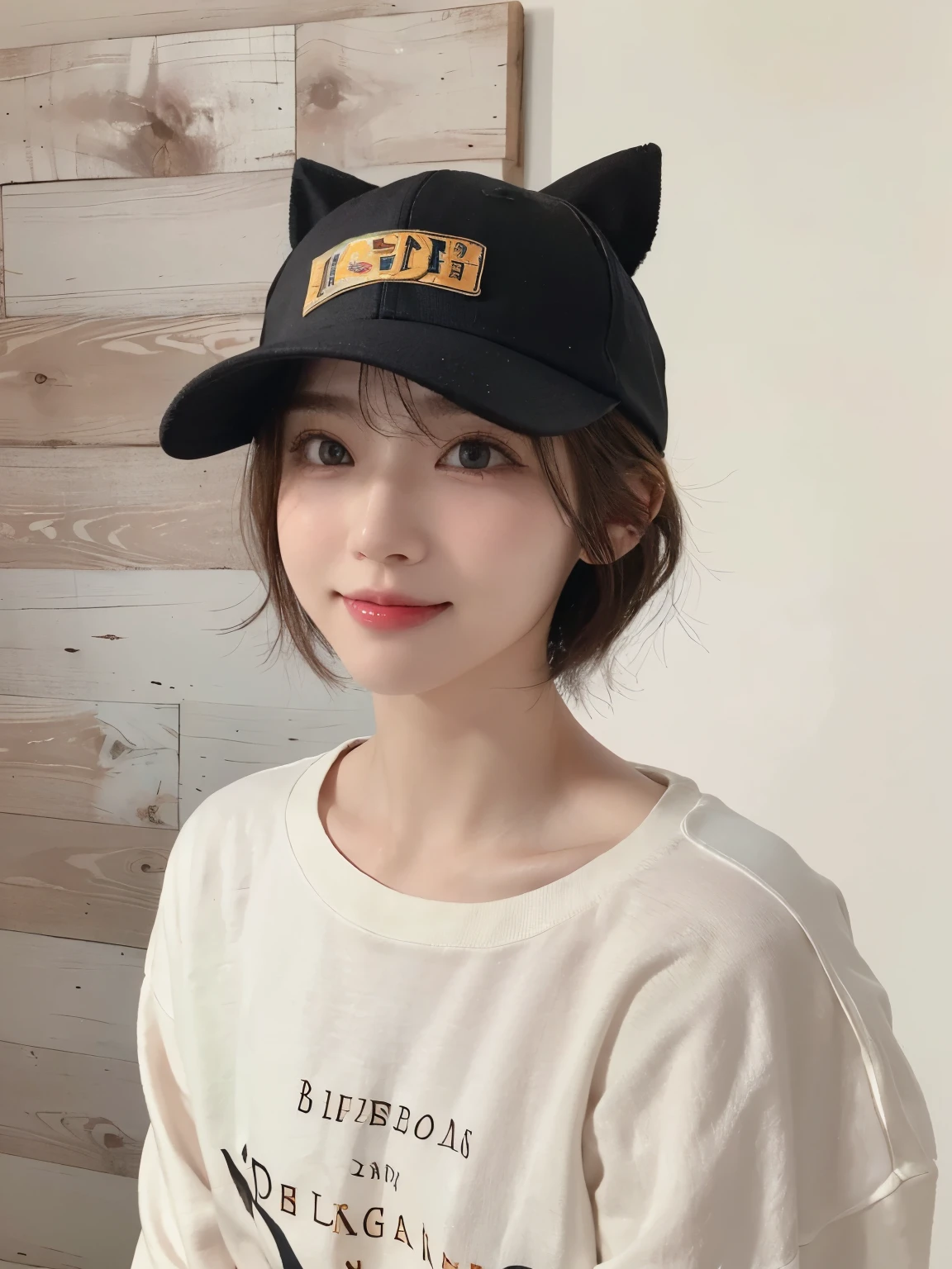 Best image quality、original photo、ultra high resolution、21 years old Korean、small breasts、dynamic angle、Cowboy shooting、The most beautiful form of chaos、elegant、Innovative design、bright colors、,light brown short hair、disheveled hair、light brown eyes 、black baseball cap(Facial expressionSmile)、short bob、Smile、Fair and shiny skin、beautiful eyes,random colors、The details are very beautiful、thin lips、Delicate and beautiful eyes、elongated eyes、Pale pink cheeks、long eyelashes、beautiful double eyelids、eye shadow、he、White Large T-shirt Sweatshirt、baggy pants、Shot from the side、sexy pose、enlarge