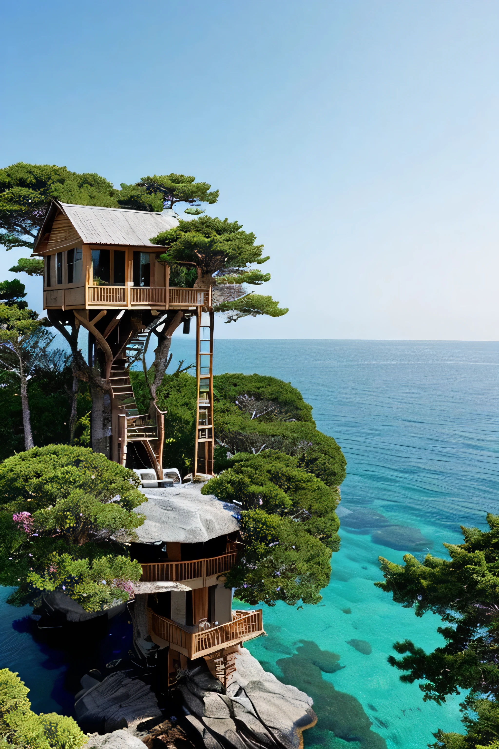 Perfection The Coolest tree house on a large rock in the middle of the sea with flowers in front of the house and trees on both sides of the house
