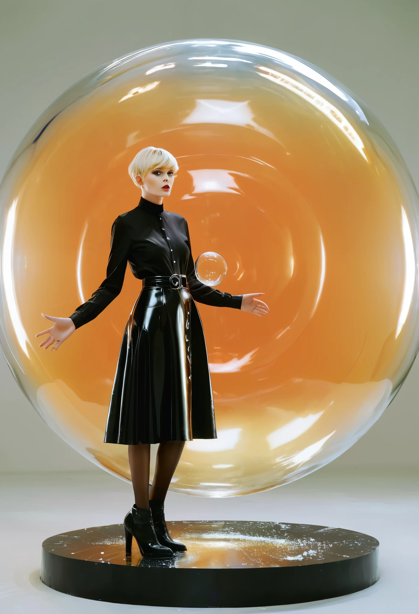 
20h
A realistic (((half body))) photograph of a woman model in black long sleeves shirt and (blond pixie short hairstyle) ((standing and putting two hands on her waist elegantly )) with (( giant bubbles)) in spaceship, in glass background, a surrealist sculpture in the style of Richard Avedon, in a still from a fashion film, with black and orange color, sminimalist stage designs, leather/hide, y2k aesthetic, aerial view, low angle upon, symmetrical composition，xianxia