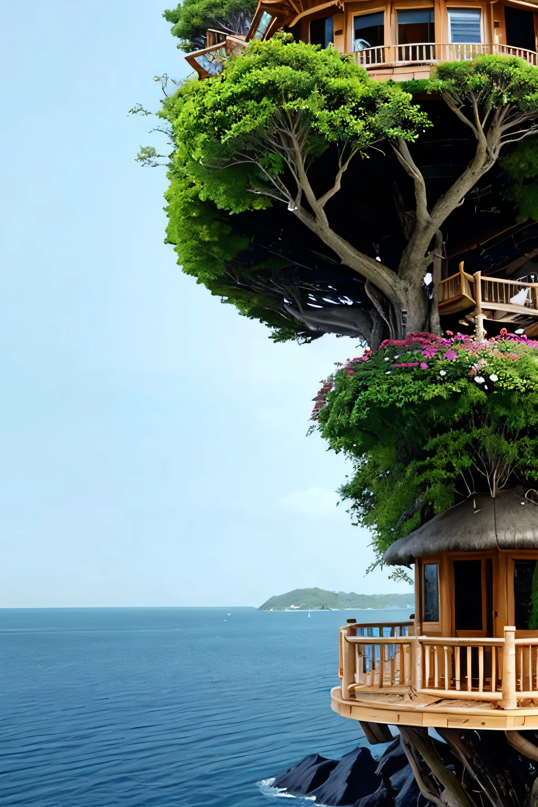 Perfection The Coolest tree house on a large rock in the middle of the sea with flowers in front of the house and trees on both sides of the house
