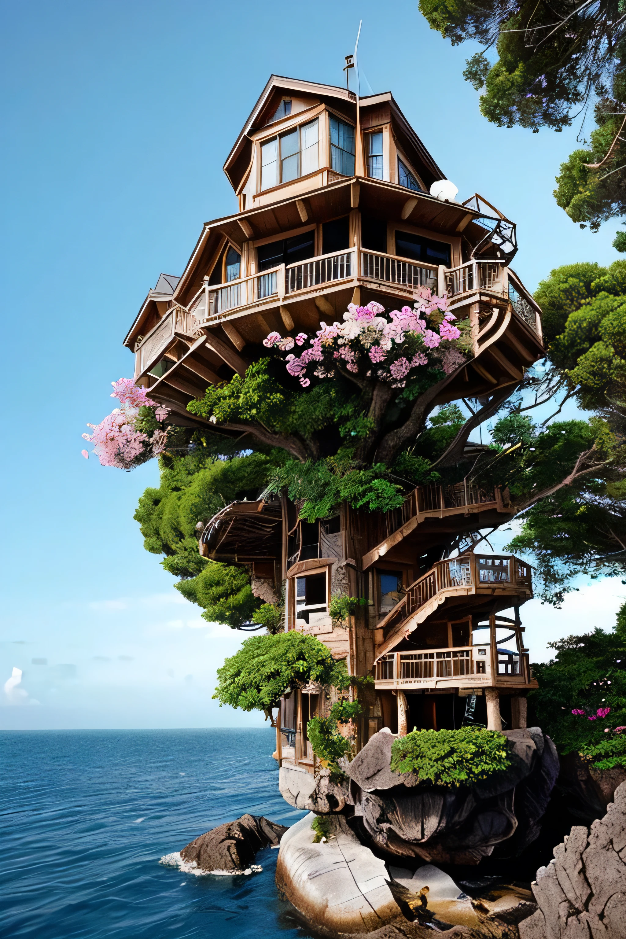 Perfection The Coolest tree house on a large rock in the middle of the sea with flowers in front of the house and trees on both sides of the house
