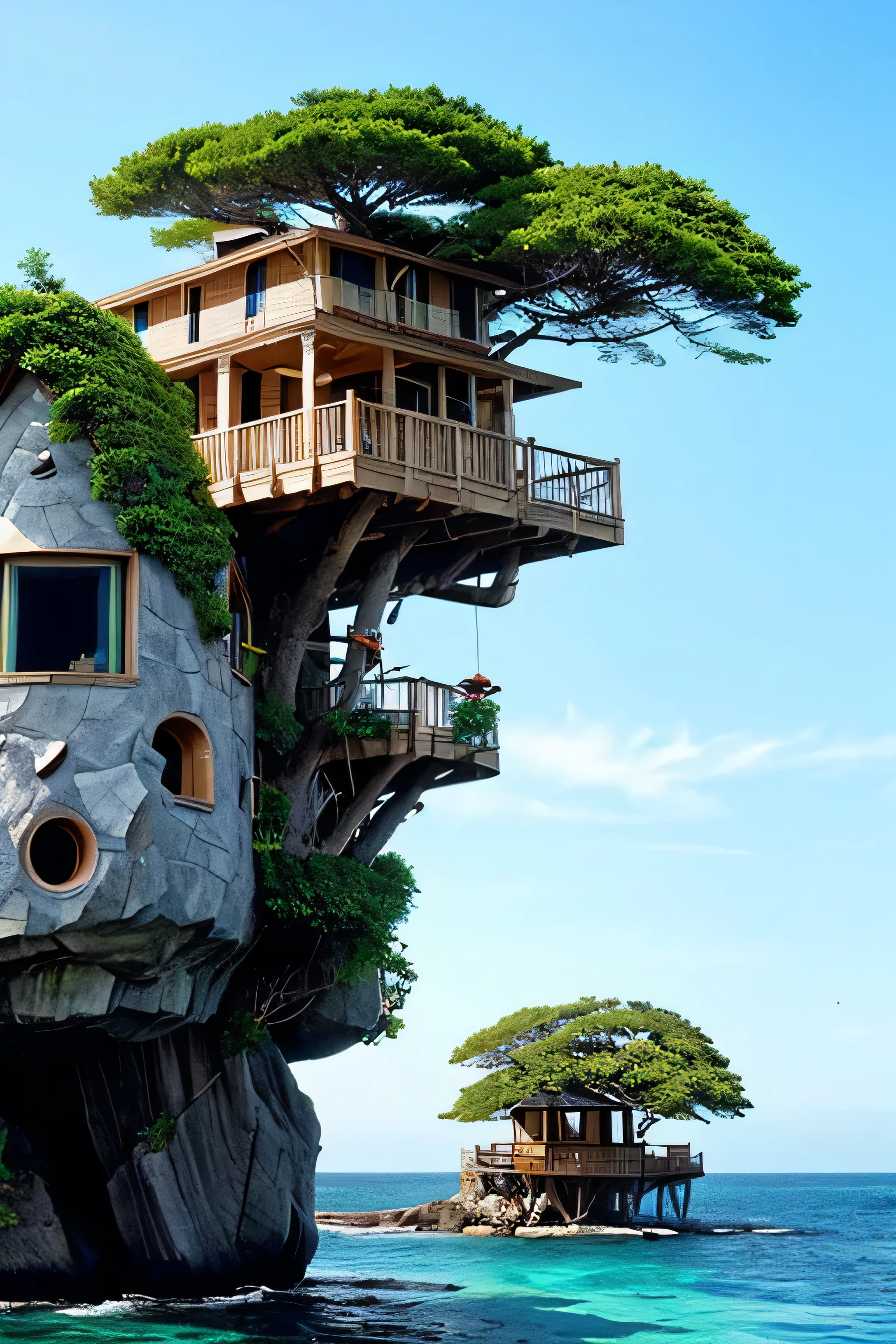 Perfection The Coolest tree house on a large rock in the middle of the sea with flowers in front of the house and trees on both sides of the house
