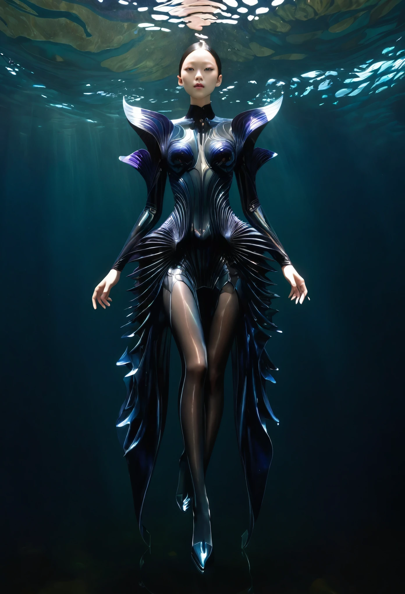 Aisian beautiful girl from underwater, iris van Herpen, sleek, fins, gills, darkness, iridescent, full length view，Xill