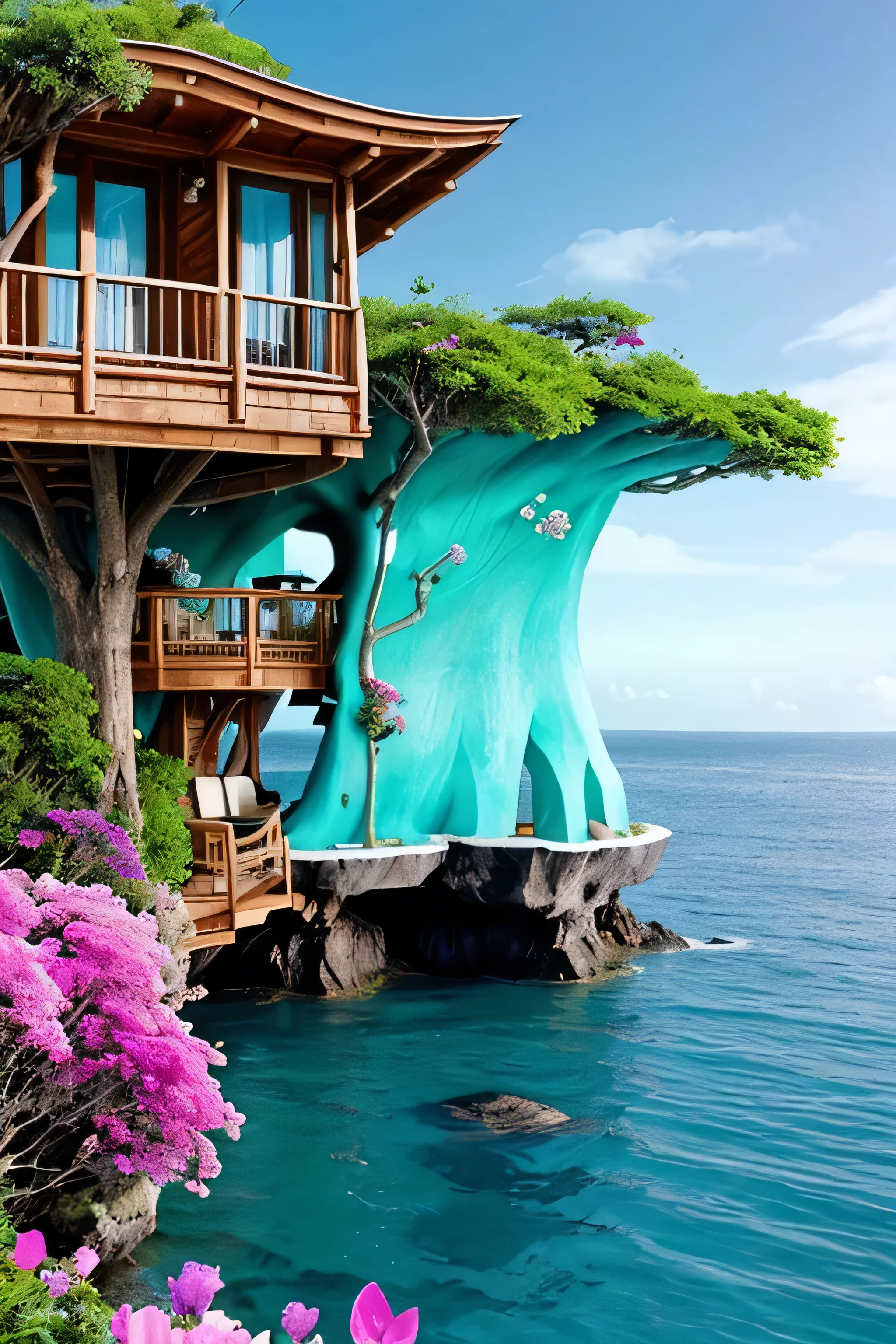 Perfection The Coolest tree house on a large rock in the middle of the sea with flowers in front of the house and trees on both sides of the house
