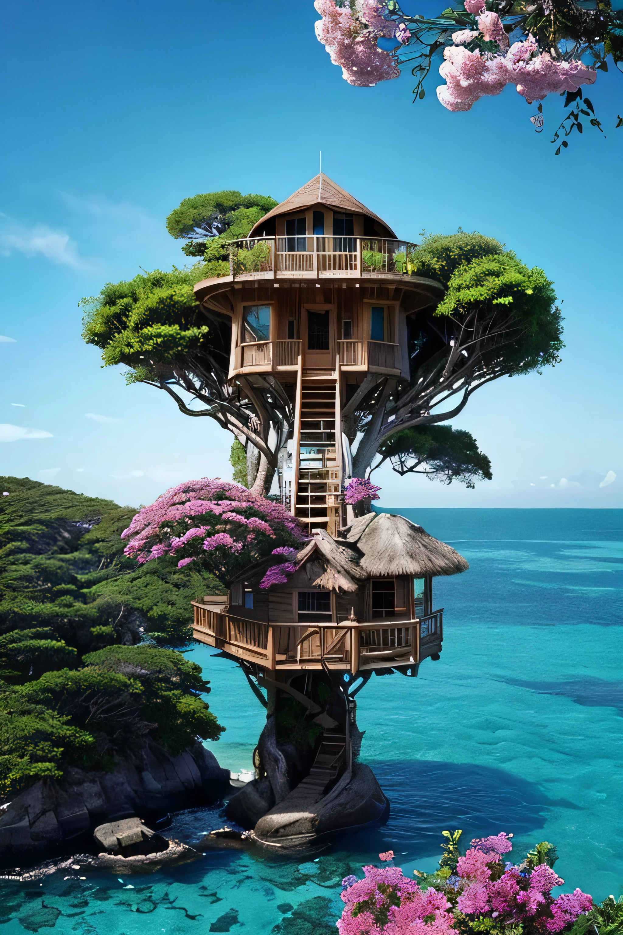 Perfection The Coolest tree house on a large rock in the middle of the sea with flowers in front of the house and trees on both sides of the house
