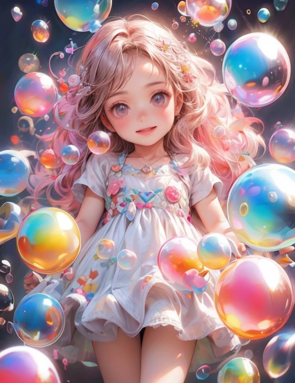masterpiece:1.2, highest quality, 16k, highres, ultra-realistic:1.37, beautiful detailed:1.2, beautiful woman, standing, beautiful posing, bubble, heart shape bubbles:1.5, Countless bubbles (heart shape:1.2, vibrant colors), bubbles of various sizes, bubbles:1.2, too many bubbles:1.2, happily smile, beautiful delicate(hair, face, long eyelash, eyes, pupils, lips, knee, anklet, bubbles), sparkling eyes, shining rosy lips, blushed cheek, through bangs,