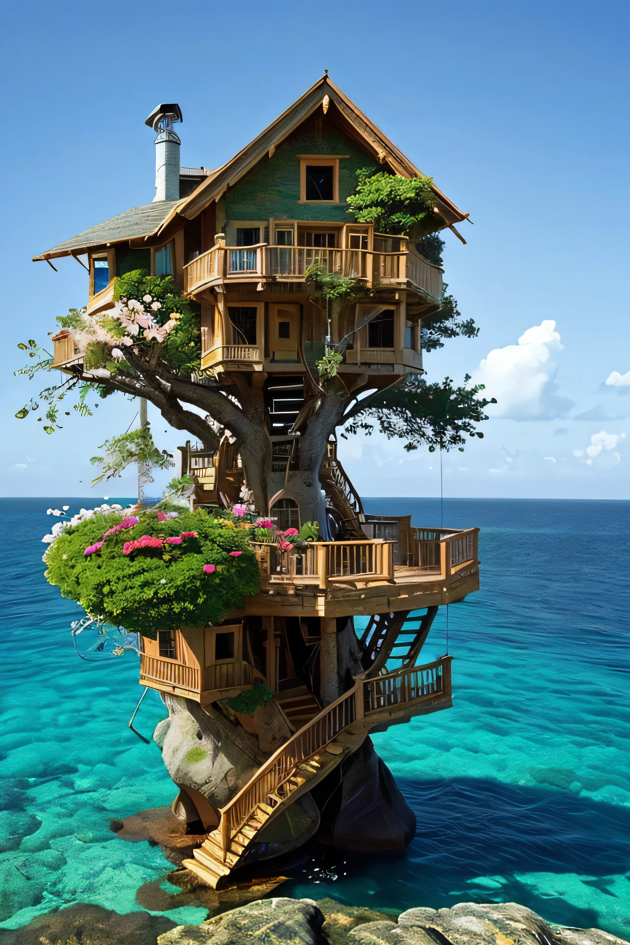 Perfection The Coolest tree house on a large rock in the middle of the sea with flowers in front of the house and trees on both sides of the house
