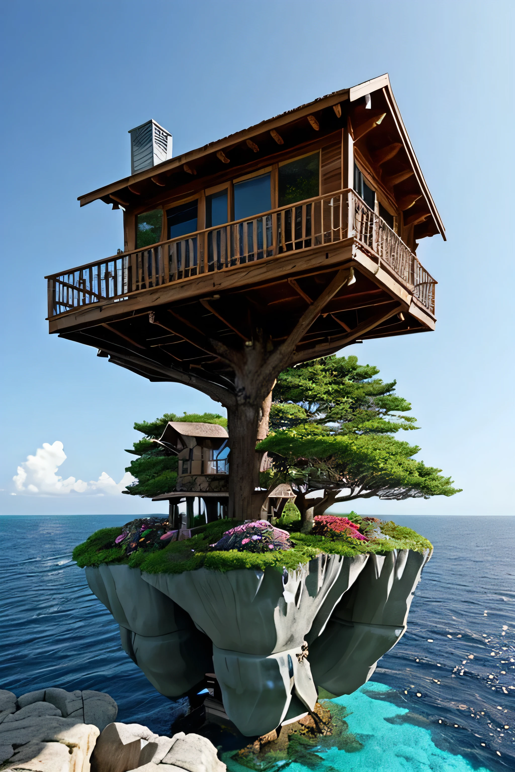 Perfection The Coolest tree house on a large rock in the middle of the sea with flowers in front of the house and trees on both sides of the house
