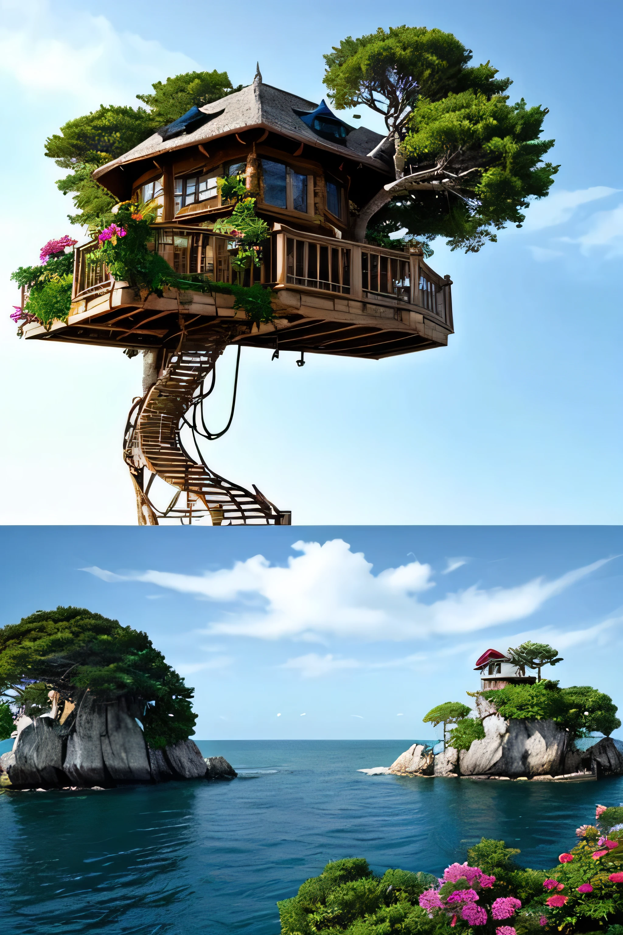 Perfection The Coolest tree house on a large rock in the middle of the sea with flowers in front of the house and trees on both sides of the house
