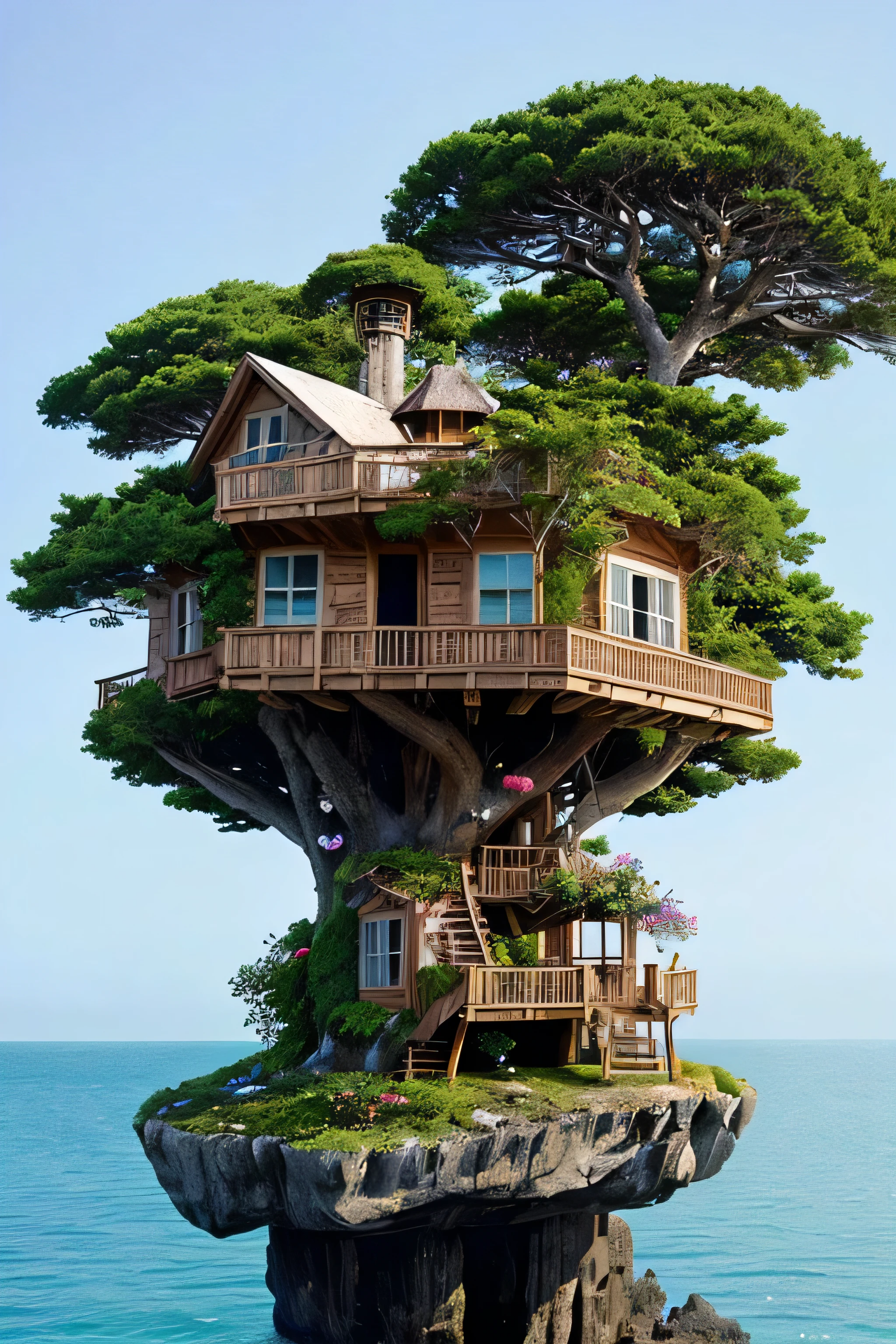 Perfection The Coolest tree house on a large rock in the middle of the sea with flowers in front of the house and trees on both sides of the house
