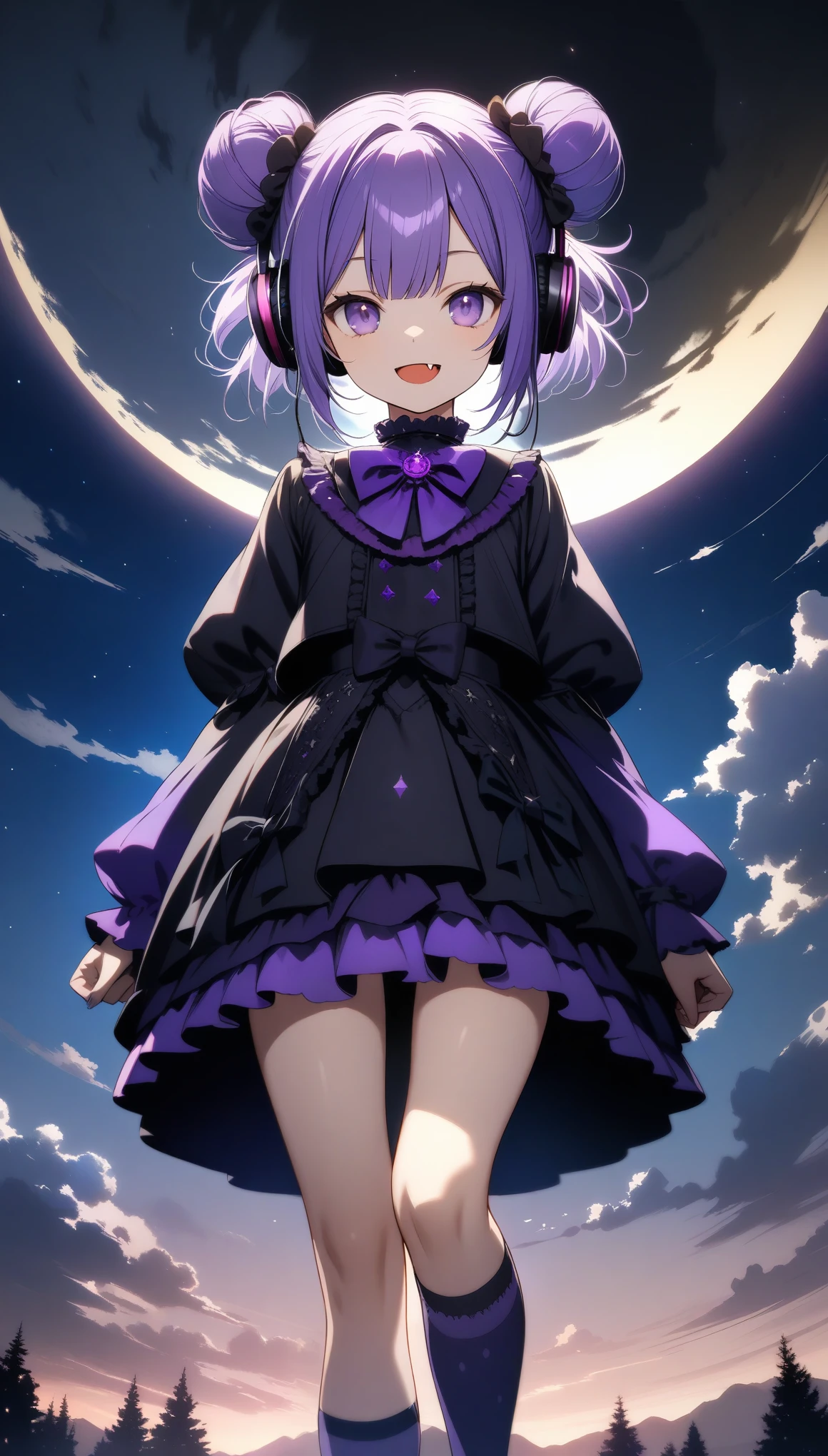 32k, best quality, ultra high res, HDR, UHD, extremely detailed CG, unity 32k wallpaper, (((hight quality))), (((high-level image quality))), (((smile))), (((purple gothic lolita))), (((full moon))),  (((hight quality starry sky background))), (((purple hair))), (((double bun_head))), (((purple eyes))), (((16 years old))), (((purple over knee socks))), (((fang))), ((headphone)), 
