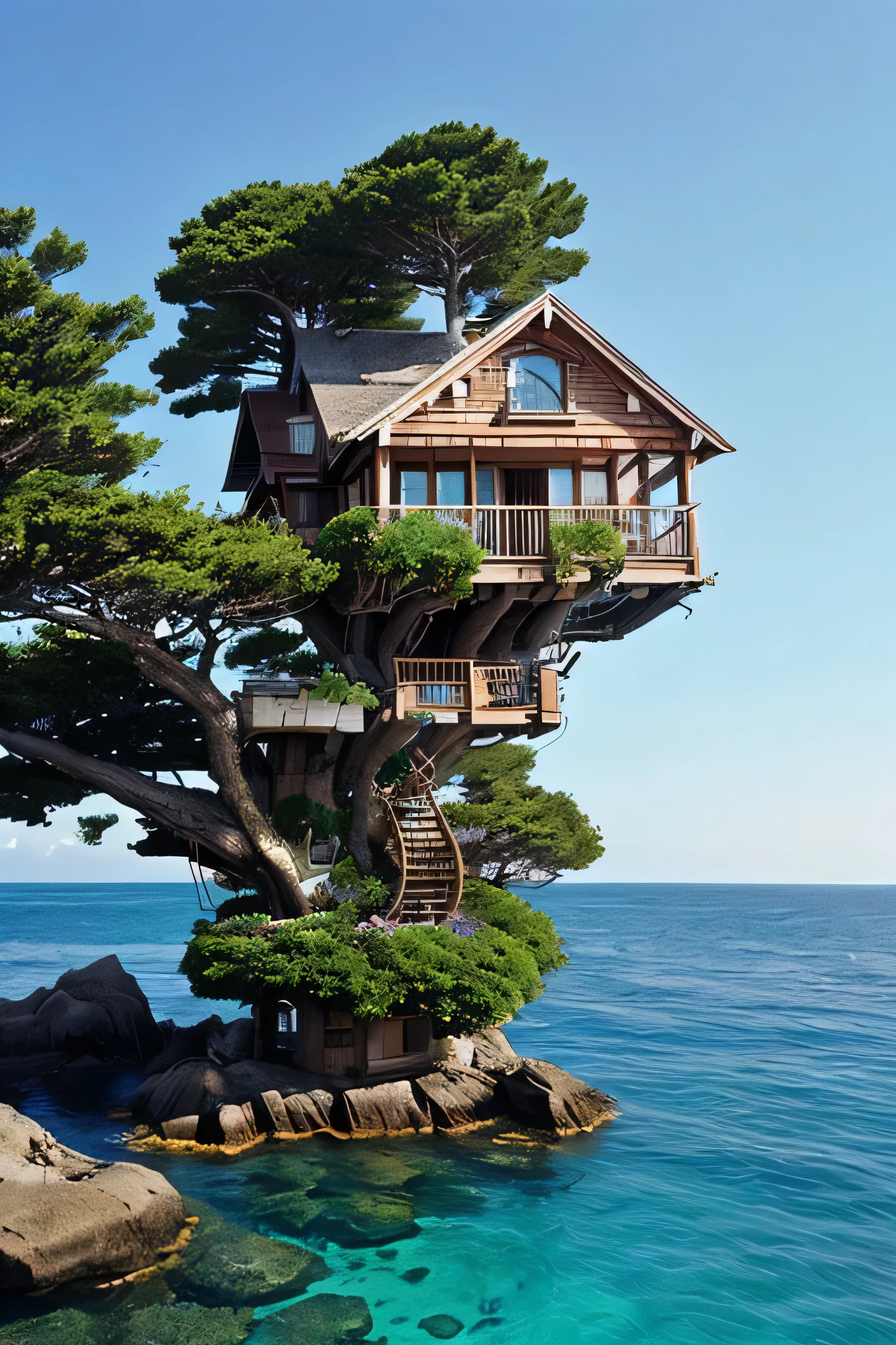 Perfection The Coolest tree house on a large rock in the middle of the sea with flowers in front of the house and trees on both sides of the house
