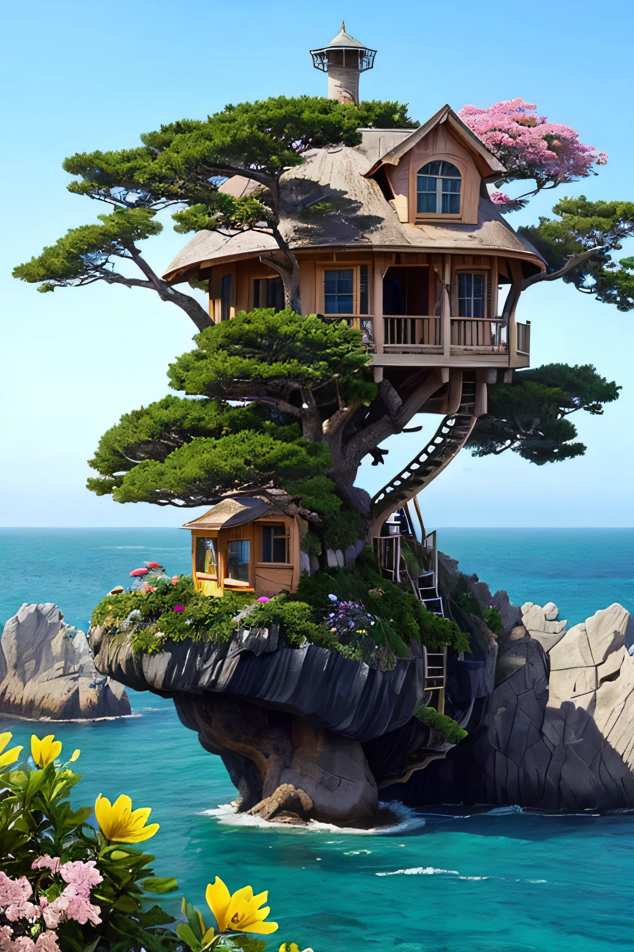 Perfection The Coolest tree house on a large rock in the middle of the sea with flowers in front of the house and trees on both sides of the house
