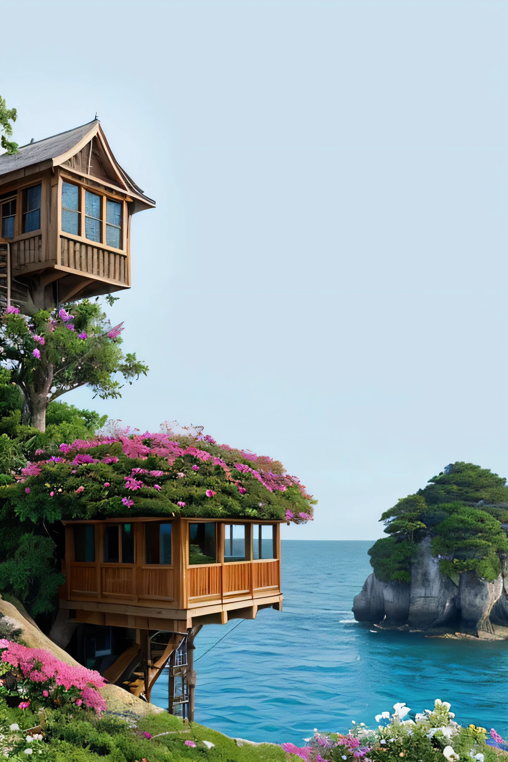 Perfection The Coolest tree house on a large rock in the middle of the sea with flowers in front of the house and trees on both sides of the house
