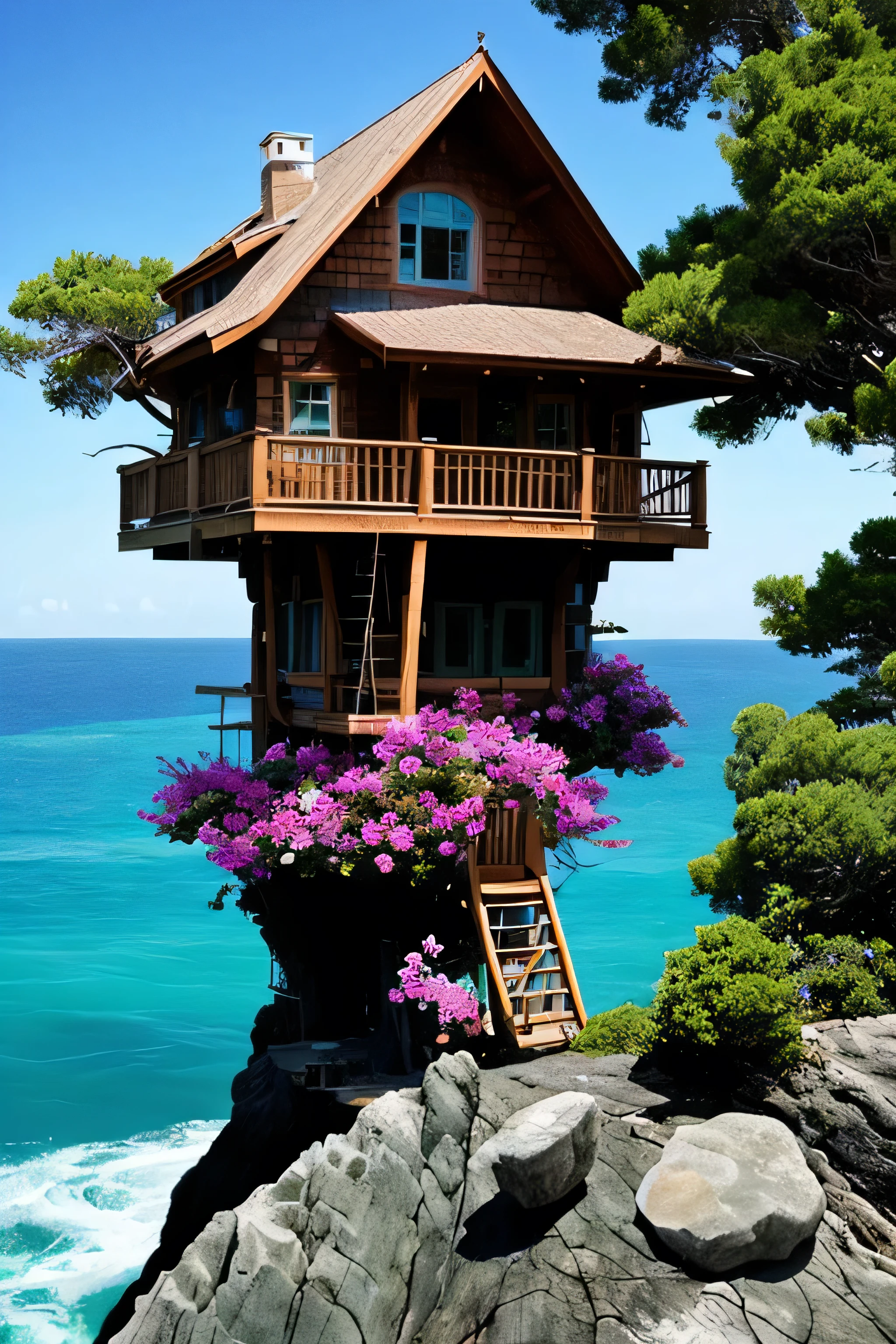 Perfection The Coolest tree house on a large rock in the middle of the sea with flowers in front of the house and trees on both sides of the house
