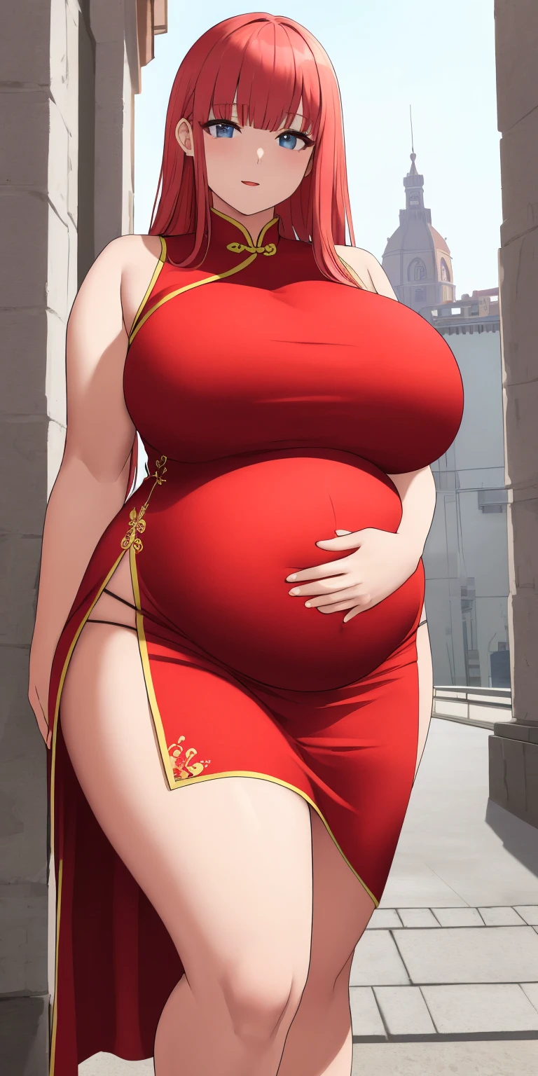 florence_alicia, huge_breasts, standing, solo, china_dress,, masterpiece, best quality, detailed face, detailed eyes, highres, chubby, fat belly, thick thighs, heavy belly, bottom heavy , (best quality, masterpiece)