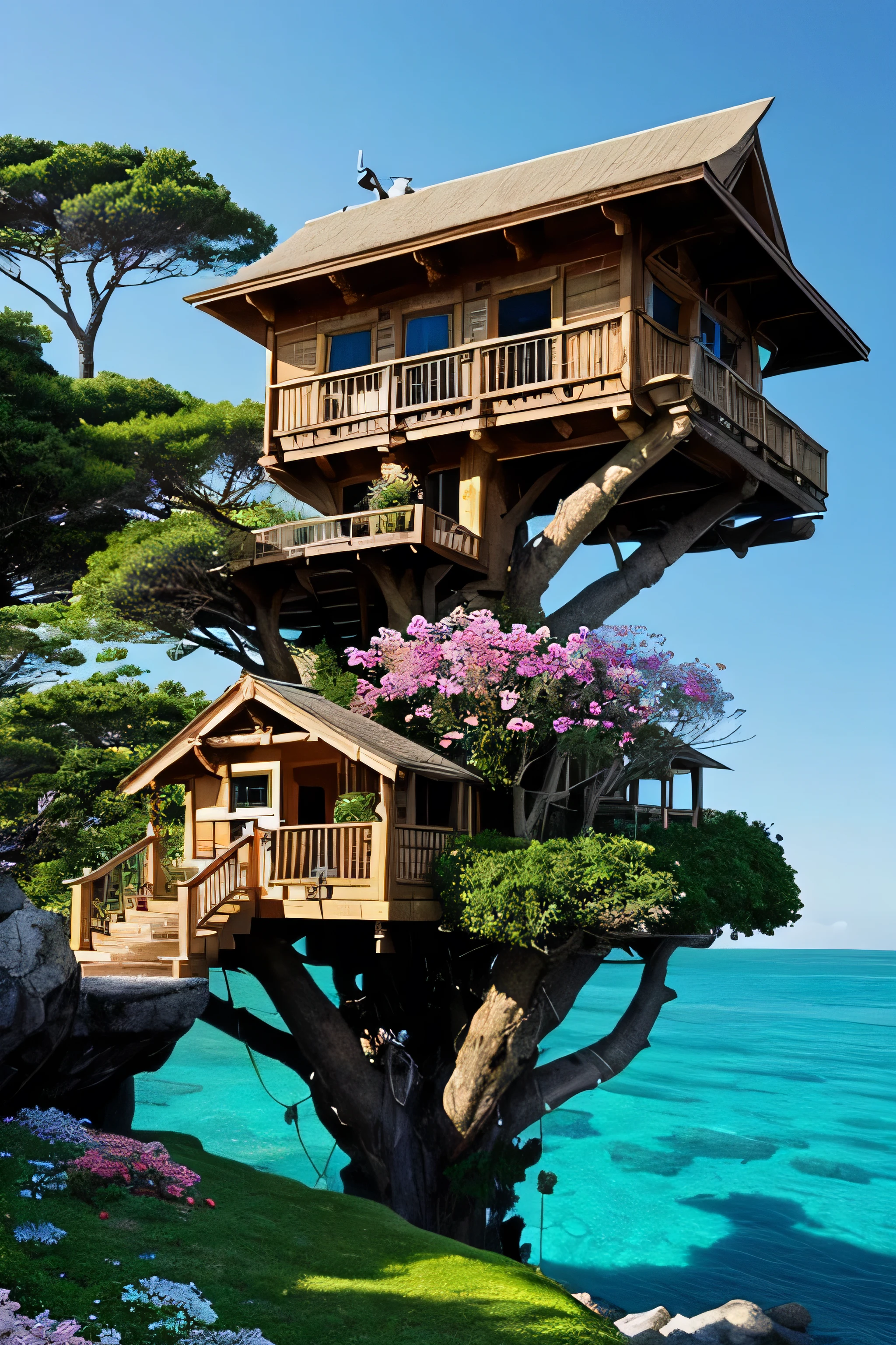 Perfection The Coolest tree house on a large rock in the middle of the sea with flowers in front of the house and trees on both sides of the house
