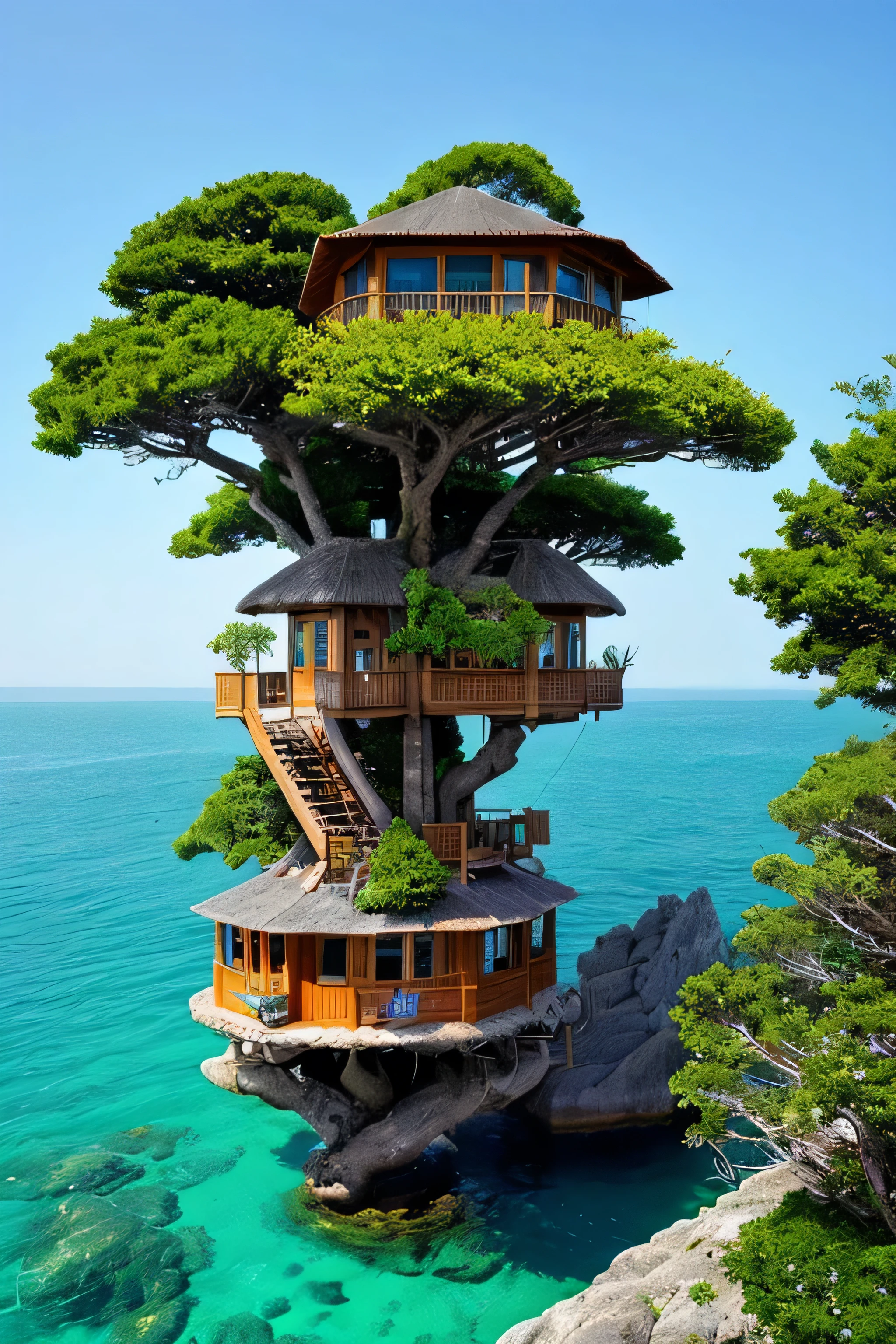 Perfection The Coolest tree house on a large rock in the middle of the sea with flowers in front of the house and trees on both sides of the house
