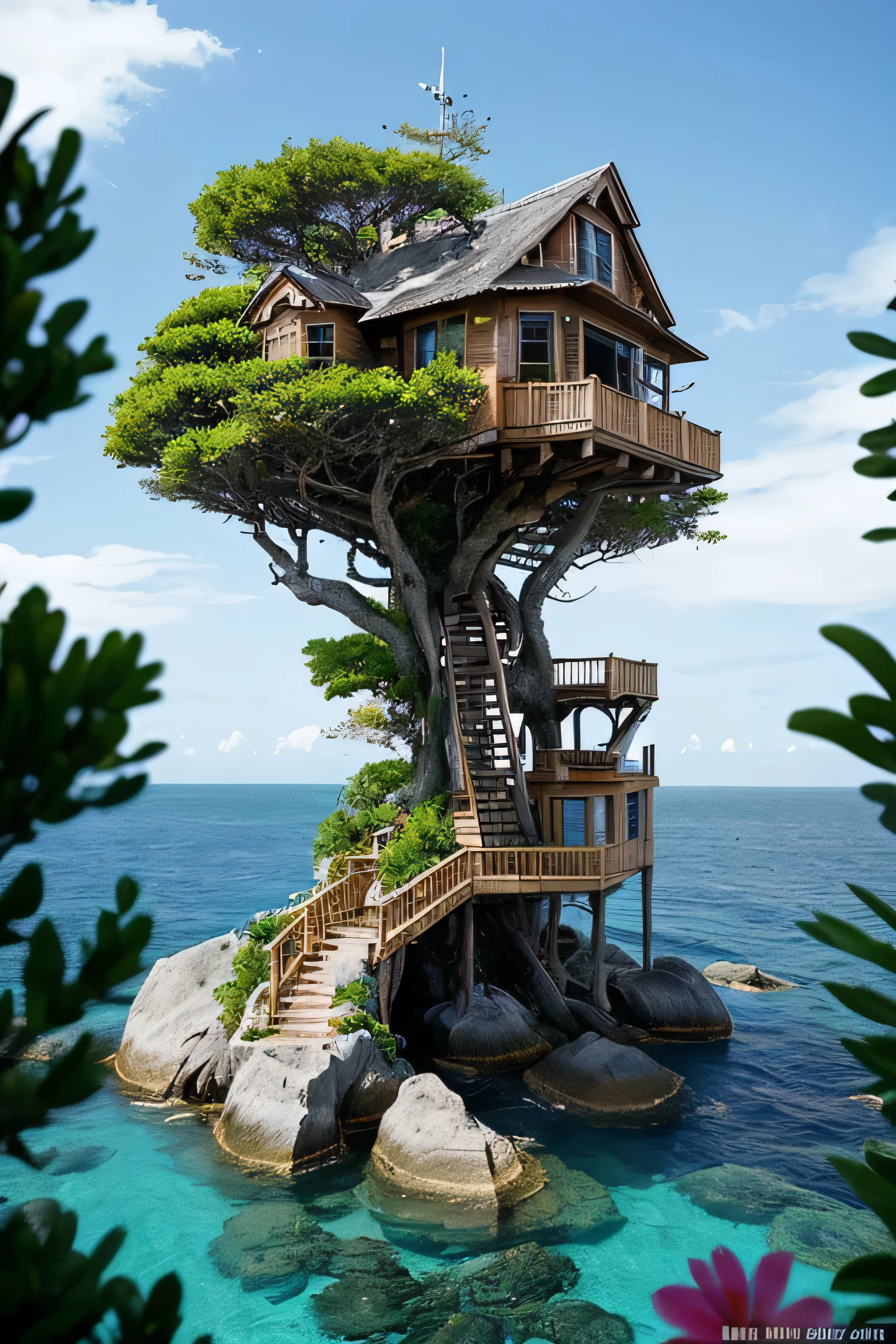 Perfection The Coolest tree house on a large rock in the middle of the sea with flowers in front of the house and trees on both sides of the house
