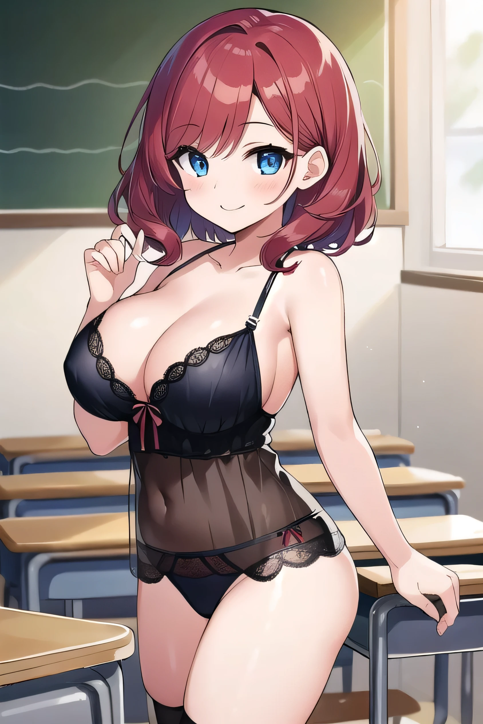 Big breasts, red hair, blue eyes, droopy eyes,  elementary school student, super big breasts, (medium hair: 1), elementary school student, young face, short height, 10 years old,  shy , smiling a little, soft hair，Silk Lingerie Set