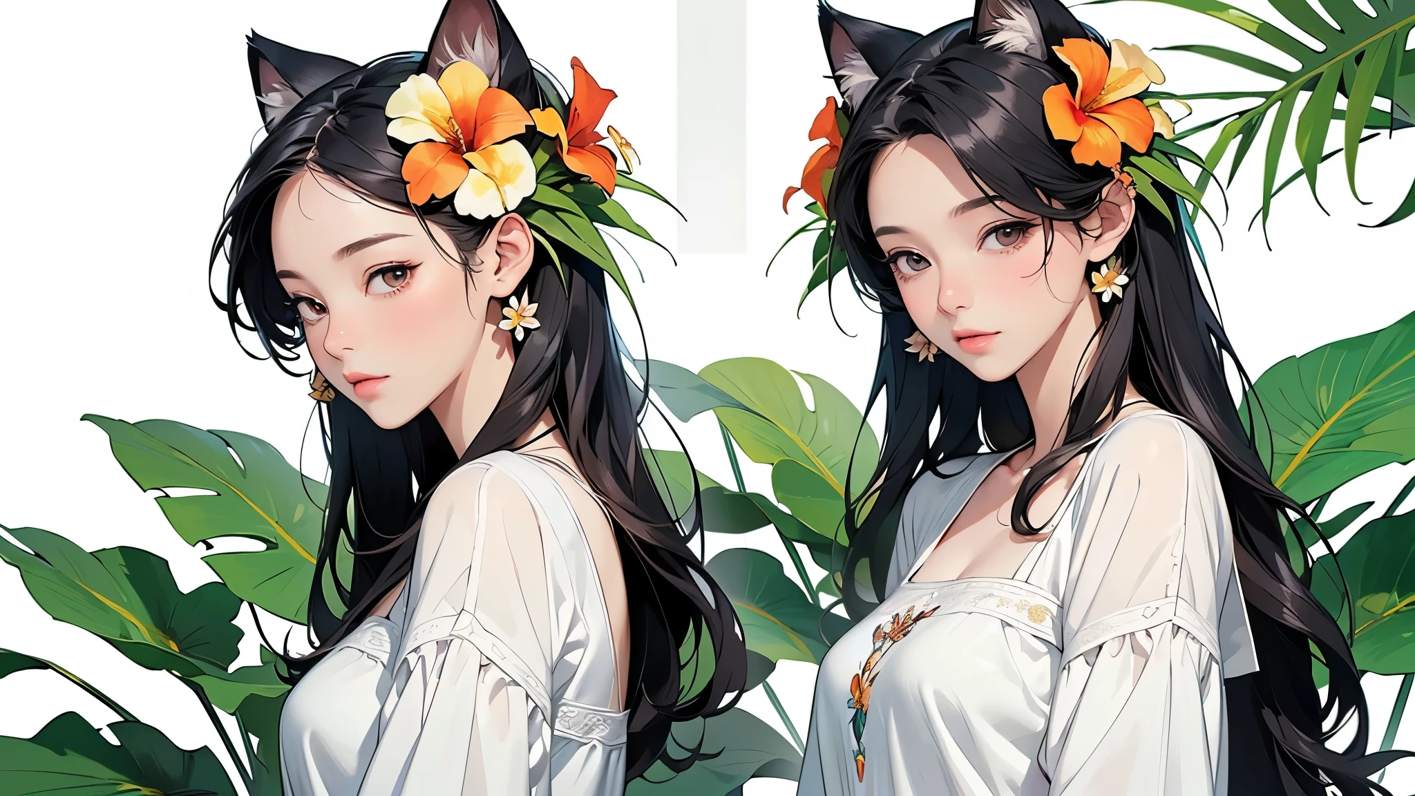 (highest quality、masterpiece、High resolution)、4K Anime Art、((Background Art))、(((Only tropical flowers and plants are drawn)))、Beautiful cat ears woman、(Blank Background)、((White Background))、