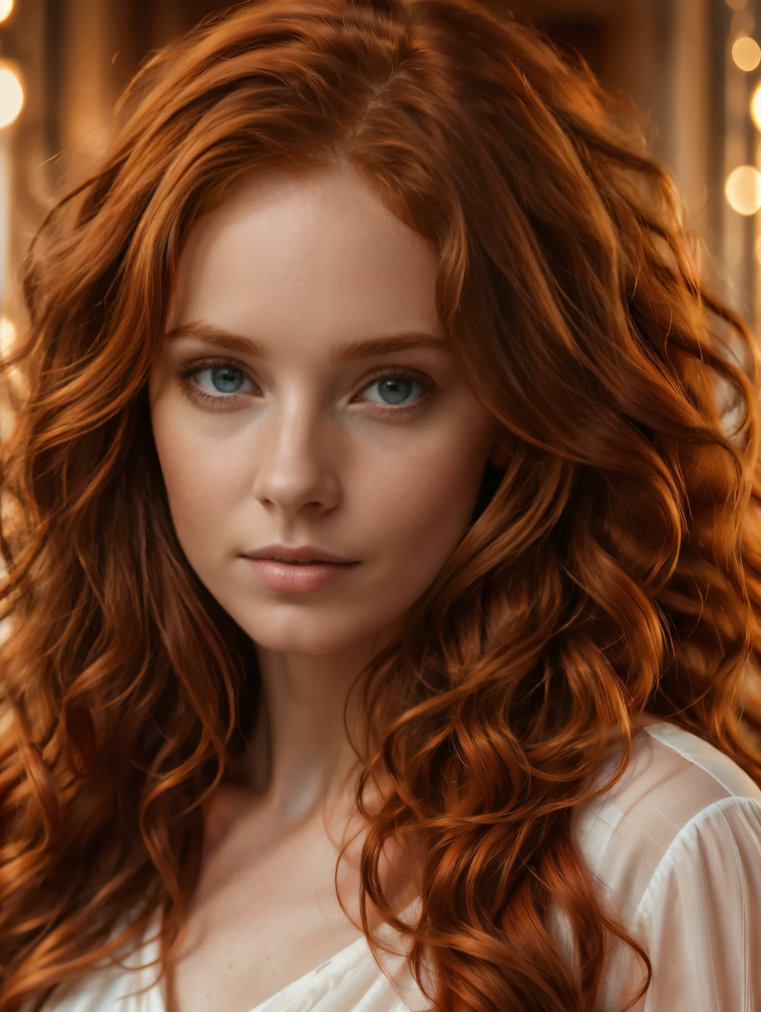 Hyper realistic UHD 4K image, photographic quality portrait of beautiful woman, redhead, long hair curly, blue eyes,Masterpiece