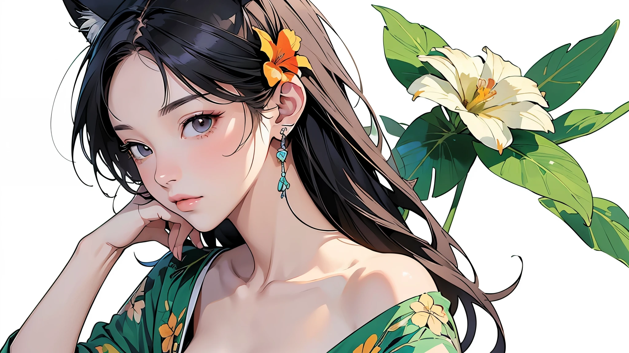 (highest quality、masterpiece、High resolution)、4K Anime Art、((Background Art))、(((Only tropical flowers and plants are drawn)))、Beautiful cat ears woman、(Blank Background)、((White Background))、