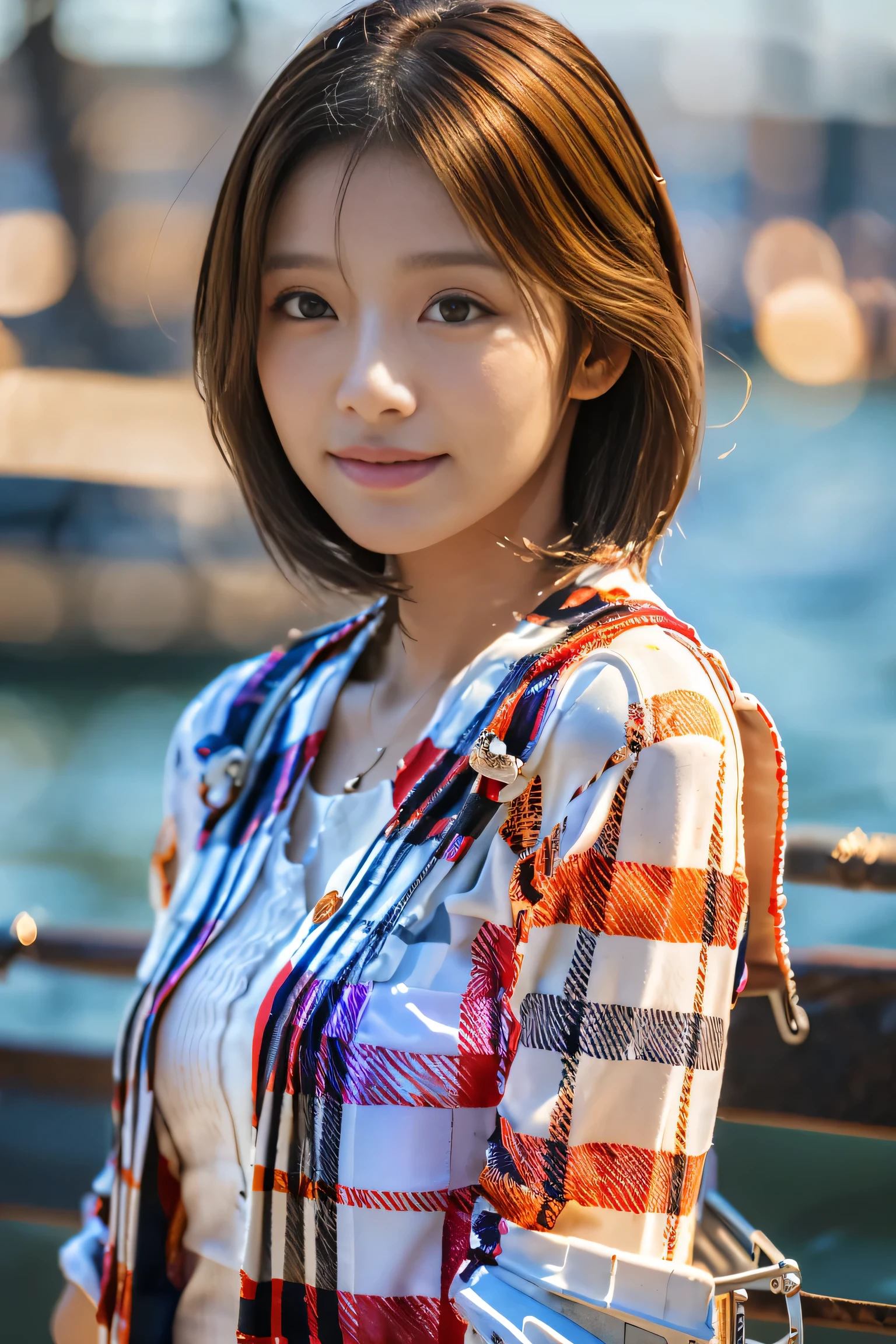 (highest quality、8k、32K、masterpiece、realistic)、(Photoreal:1.2)、(High resolution)、Super detailed、very beautiful face and eyes、1 girl、round and small face、thin waist、delicate body、(highest quality、high detail、rich skin details)、(highest quality、8k、oil paint:1.2)、Super detailed、(realistic、realistic:1.37)、bright colors、(((cheeks are flushed)))、(((He is wearing a navy blue and light blue tunic.)))、(((I have red hair)))、(((I have red hair)))、(((bust shot)))、(((white background)))、((medium hair))、(((pure white wall background)))、(((Clothes with a dark blue and light blue gingham check pattern.)))、(((pure white wall background)))、(((I am wearing a clover shaped necklace.)))、(((I'm crossing my arms in front of my chest)))、(((grinning)))、(((wearing a checkered tunic)))、(((navy blue plaid tunic)))、(((I am standing proudly with my arms folded.)))、(((short ponytail hair)))