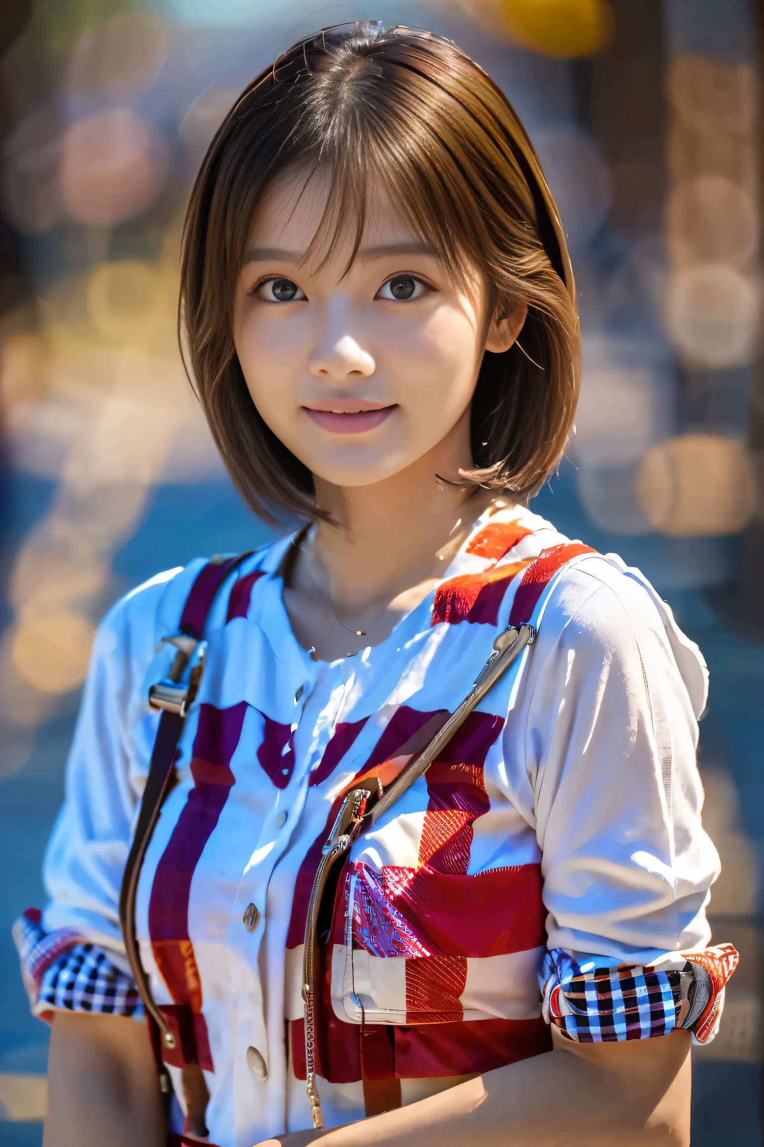(18-year-old female), (The best quality at its best:1.4), (Super detailed), (Very detailed CG unified 16k), Beautiful woman with perfect figure: 1.4, Sharp focus: 1.2, Very detailed, High-quality RAW color photos, Professional photography, Great face and eyes, Beautiful eyelashes、cosmetics, (Amazingly beautiful girl), ((Gingham Check Shirt, White Flared Cart:1.5)), Are standing, Sexy posture，(harbor:1.3), (View from below), Realistic movie faces, Wide zoomed out view of head to foot length, Full body long view, Realistic, ((Realistic natural light brown hair color, Realistic blue eyes)),( Short Bob Hair:1.5), necklace、Very beautiful face, Perfect model beauty, Mouth swelling, Highly detailed face and skin texture, Fine grain, double eyelid, Medium chest, smile, Crack, west, (masterpiece), highest quality, High resolution, Very detailed, Blurred Background, Depth of written boundary, Cinema Lighting, Great legs, High heels, Clear, well-maintained skin, (((Women make up the majority of the photo)))