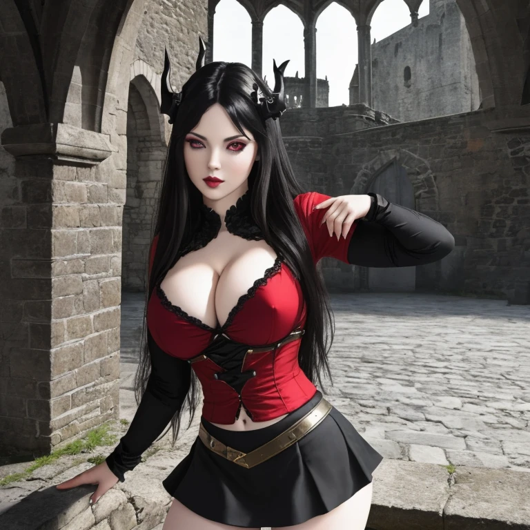 masterpiece, gothic aesthetic, dream atmosphere, ultra realistic, 16k, best quality, absurdres, perfect anatomy, 1girl, goth brunette, voluminous silky hair, goth makeup, bright red eyes (intense look), pale-white skin (highlighted), realistic shading, solo, Caera, red eyes, black t-shirt, large natural breasts cleavage, large hips, black mini skirt, tights (realistic textures), pretty seductive, upper body, beautiful girl, happy, inside a medieval castle, different poses at different angles, blurred background, cinematic, Photorealistic.