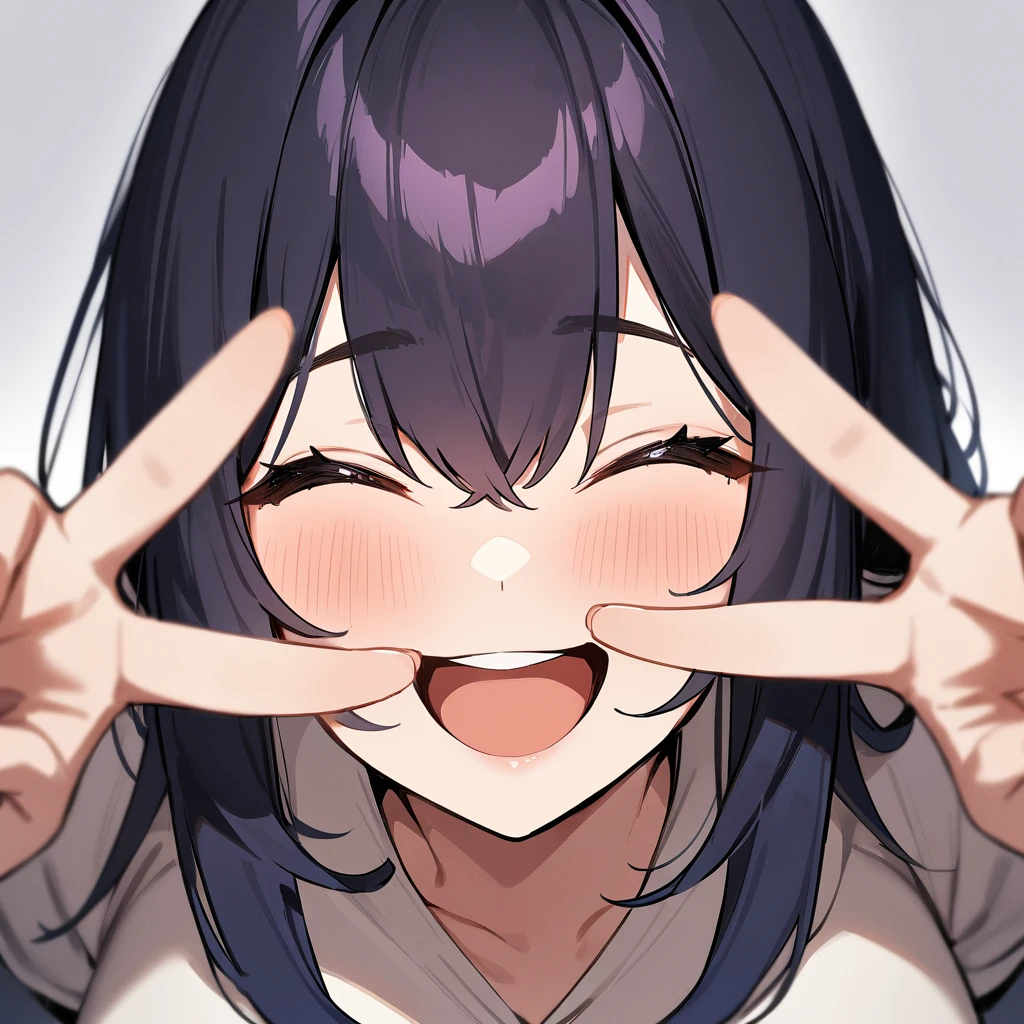 1 girl,portrait,dark bluehair,big breast,upper body,masterpiece,best quality,very aesthetic,absurdres,looking at viewer,front view,adult,out,Young,double v,Smile,closed eyes,Embarrassing,on face,open mouth