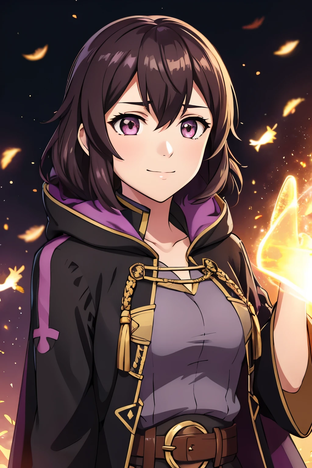 (high-quality, breathtaking),(expressive eyes, perfect face) 1girl, female, solo, portrait, Fire Emblem Awakening, Symmetrical Eyes, black background, Robin (Fire Emblem: Awakening), dark Brown hair color, short hair length, messy wavy hair, hair ornament, upper body, pink eyes, Black and purple robe, gold trim, hood, white shirt, brown belt, tomb, positive expression, cute smile, detailed eyes, adorable face, short height, Cult of Grima, Fell Dragon Grima, Arms down, female robin (fire emblem), dark brown hair, fireflies background, soft lights, braided bang, feather in hair
