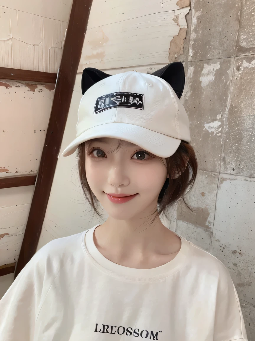 Best image quality、original photo、ultra high resolution、21 years old Korean、small breasts、dynamic angle、Cowboy shooting、The most beautiful form of chaos、elegant、Innovative design、bright colors、,light brown short hair、disheveled hair、light brown eyes 、black baseball cap(Facial expressionSmile)、short bob、Smile、Fair and shiny skin、beautiful eyes，random colors、The details are very beautiful、thin lips、Delicate and beautiful eyes、elongated eyes、Pale pink cheeks、long eyelashes、beautiful double eyelids、eye shadow、he、White Large T-shirt Sweatshirt、baggy pants、Shot from the side、sexy pose、enlarge
