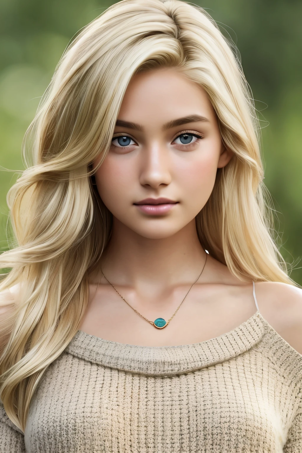 1girl in, age19, short stature, 5'1 inches tall, Solo, Long hair, beautiful detailed hair, Colossal, soft supple skin, pores, soft full bossum, Looking at Viewer, blonde hair, Bare shoulders, Brown eyes, jewelry, Full body, a necklace, off shoulders, Sweater, Realistic, Sexy 8K Reality